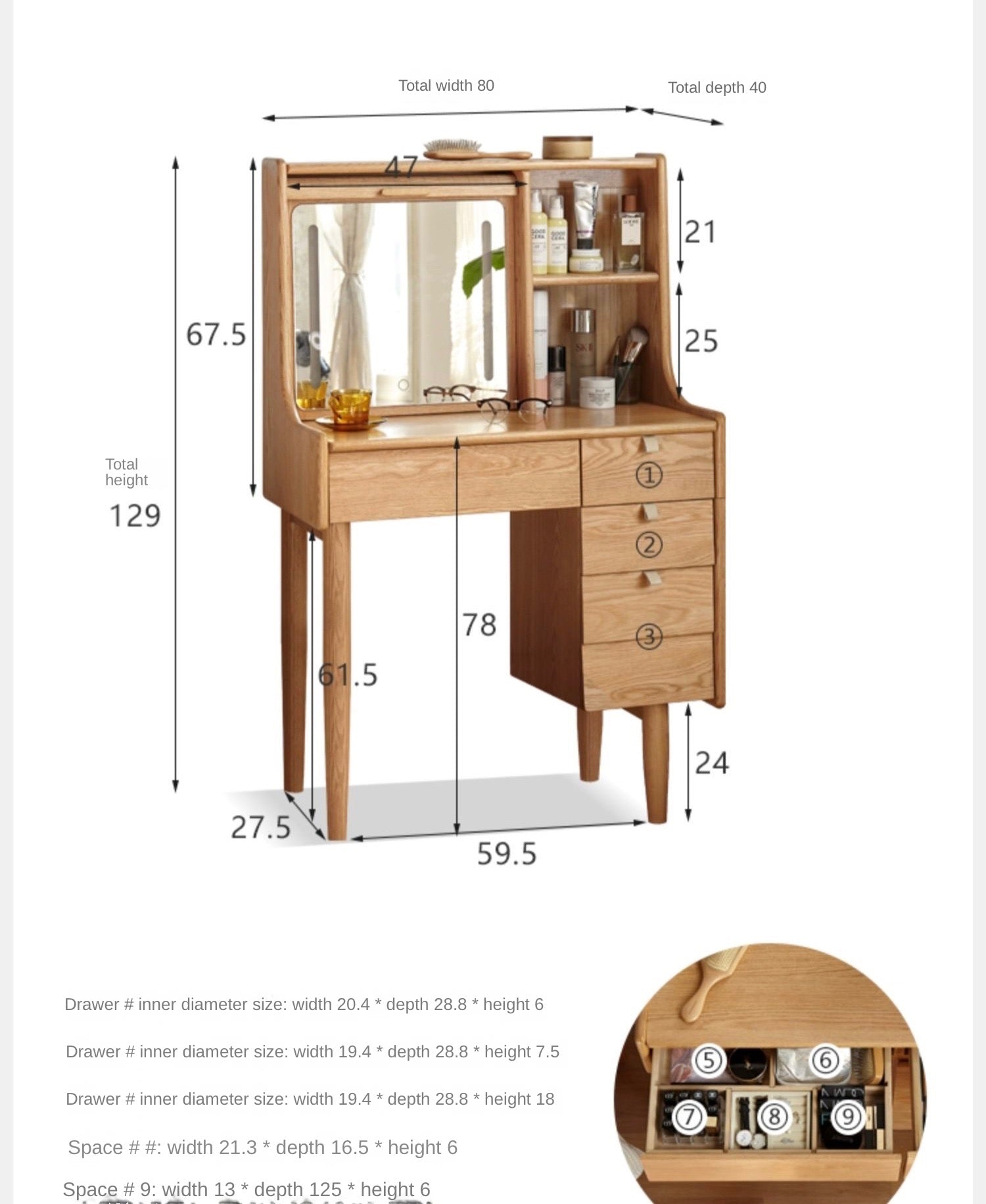Oak Solid Wood Dressing Table Bamboo Curtain LED light"