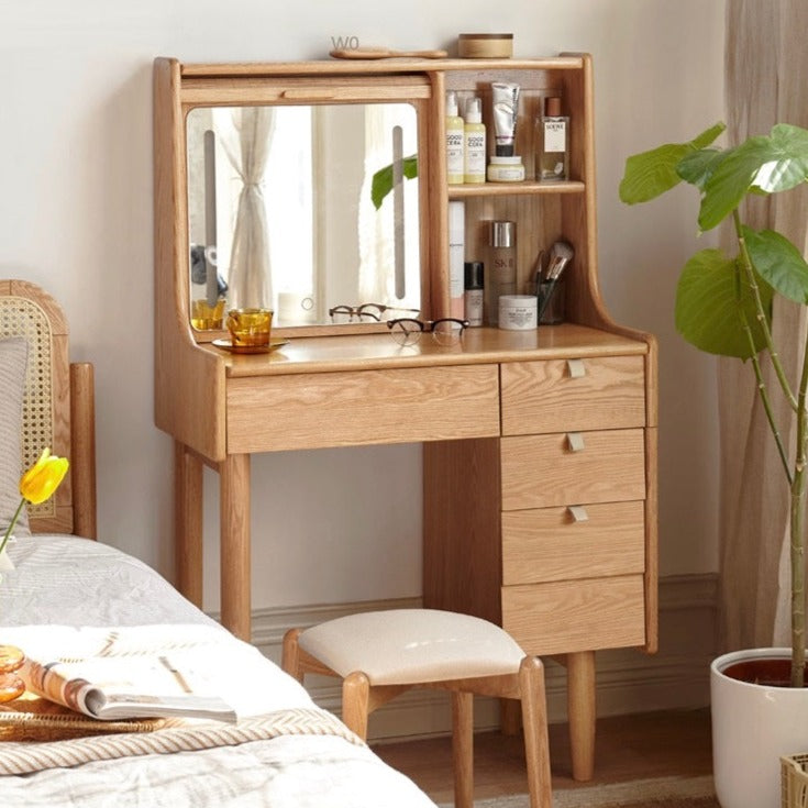 Oak Solid Wood Dressing Table Bamboo Curtain LED light,