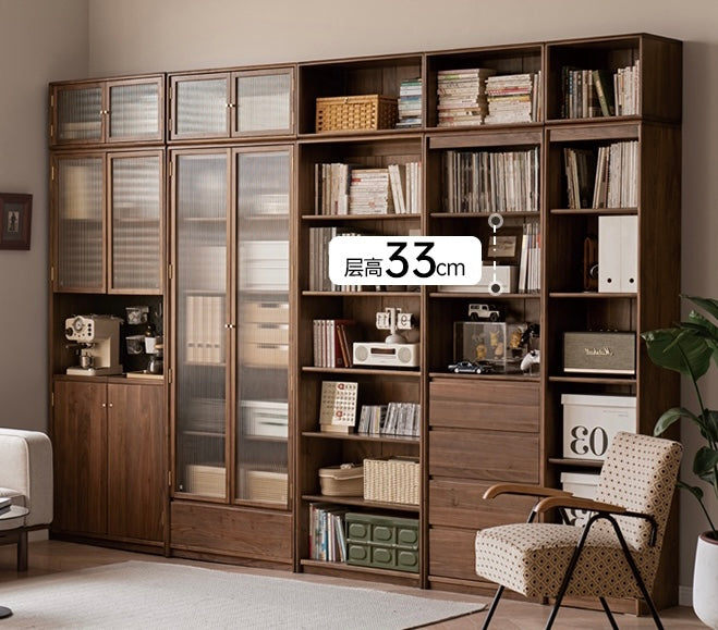 Black Walnut Solid Wood Bookcase Display Glass Door Storage Cabinet"