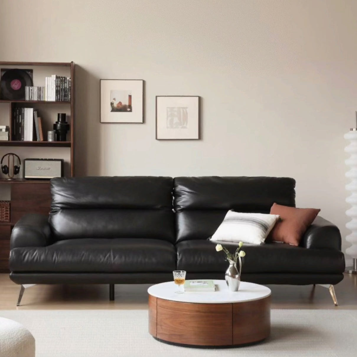First layer cowhide modern black sofa+