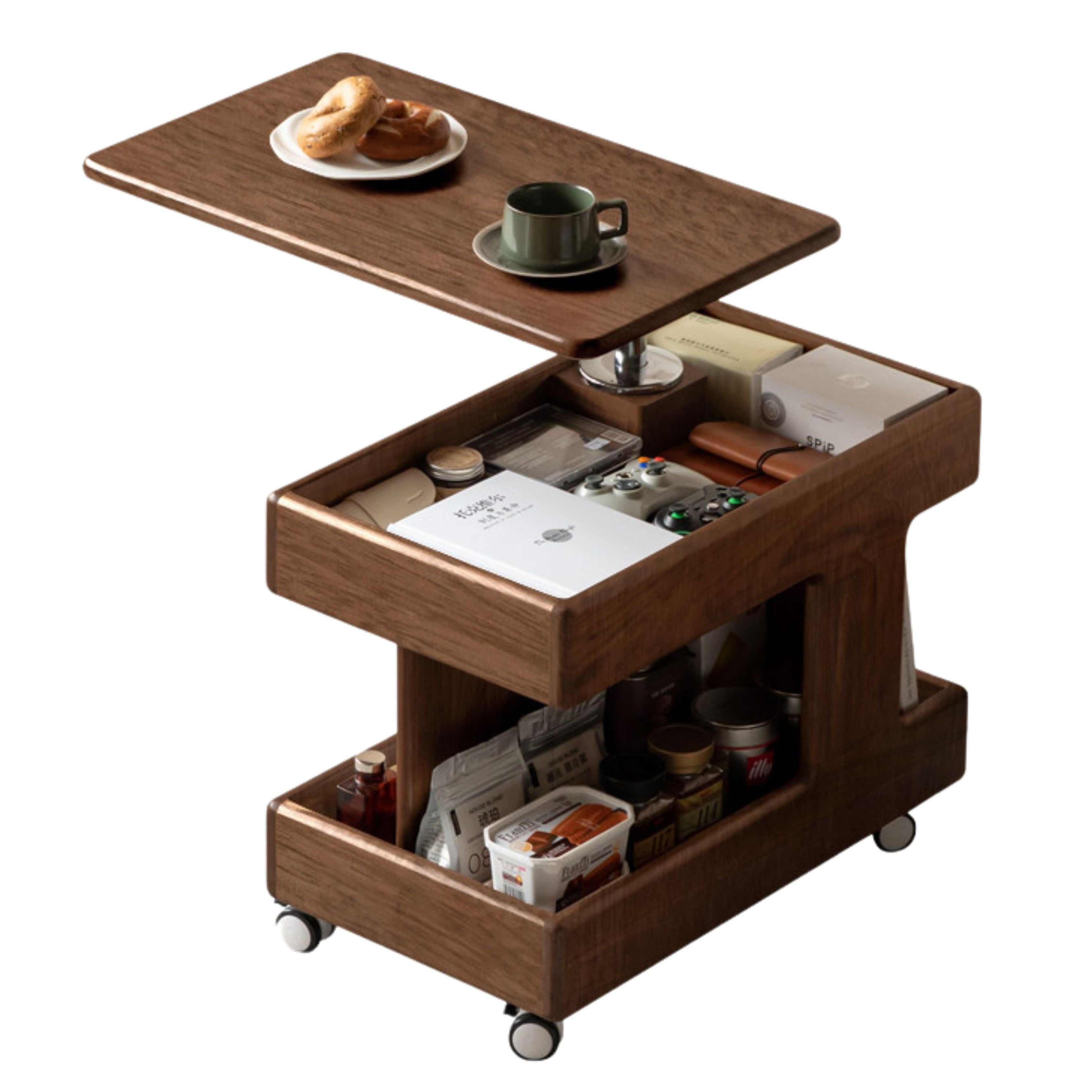 Black Walnut, Teak Solid Wood Raised and Lowered Rotating Coffee Table