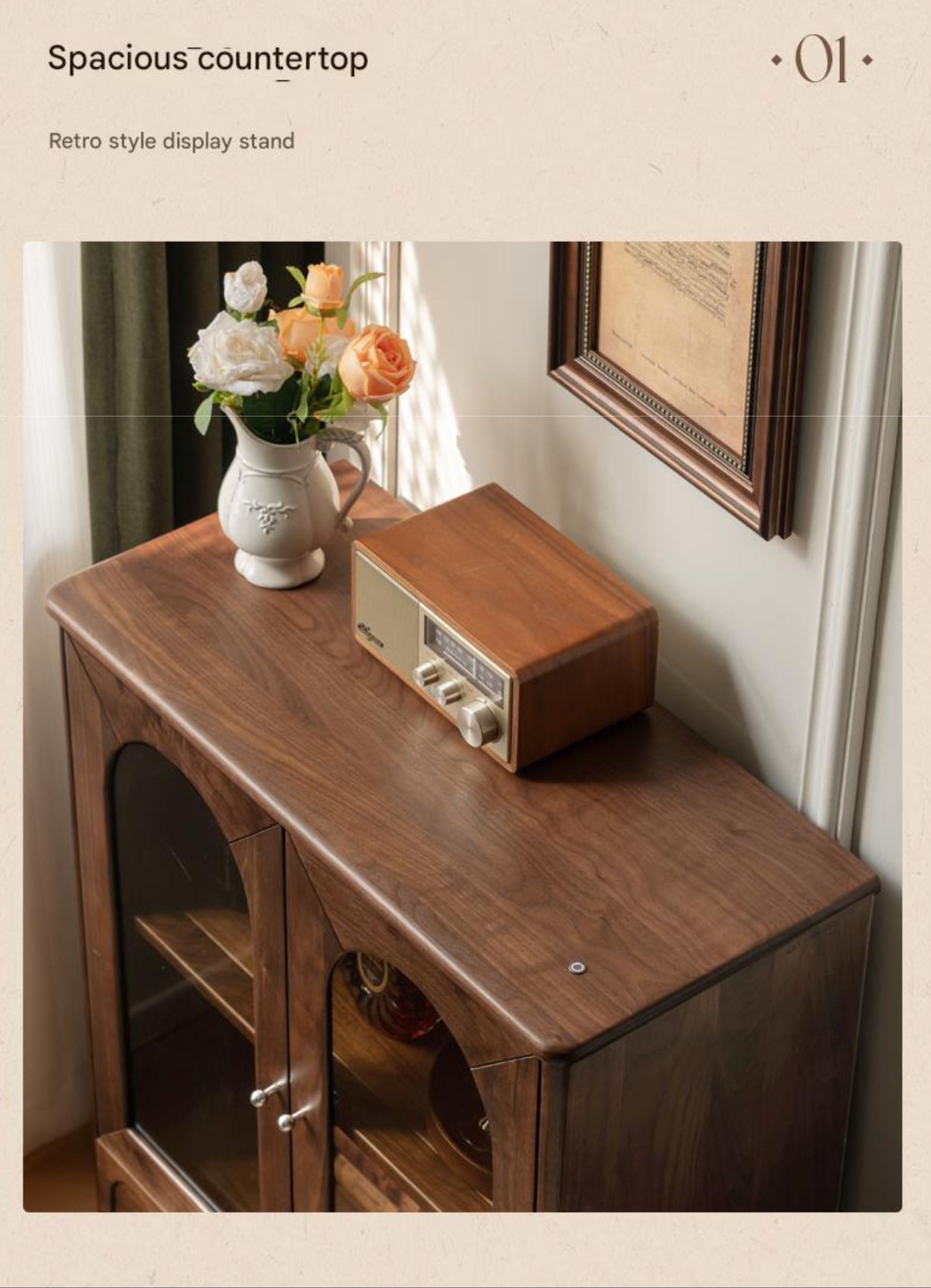 Black Walnut Solid Wood French Retro Side Cabinet.