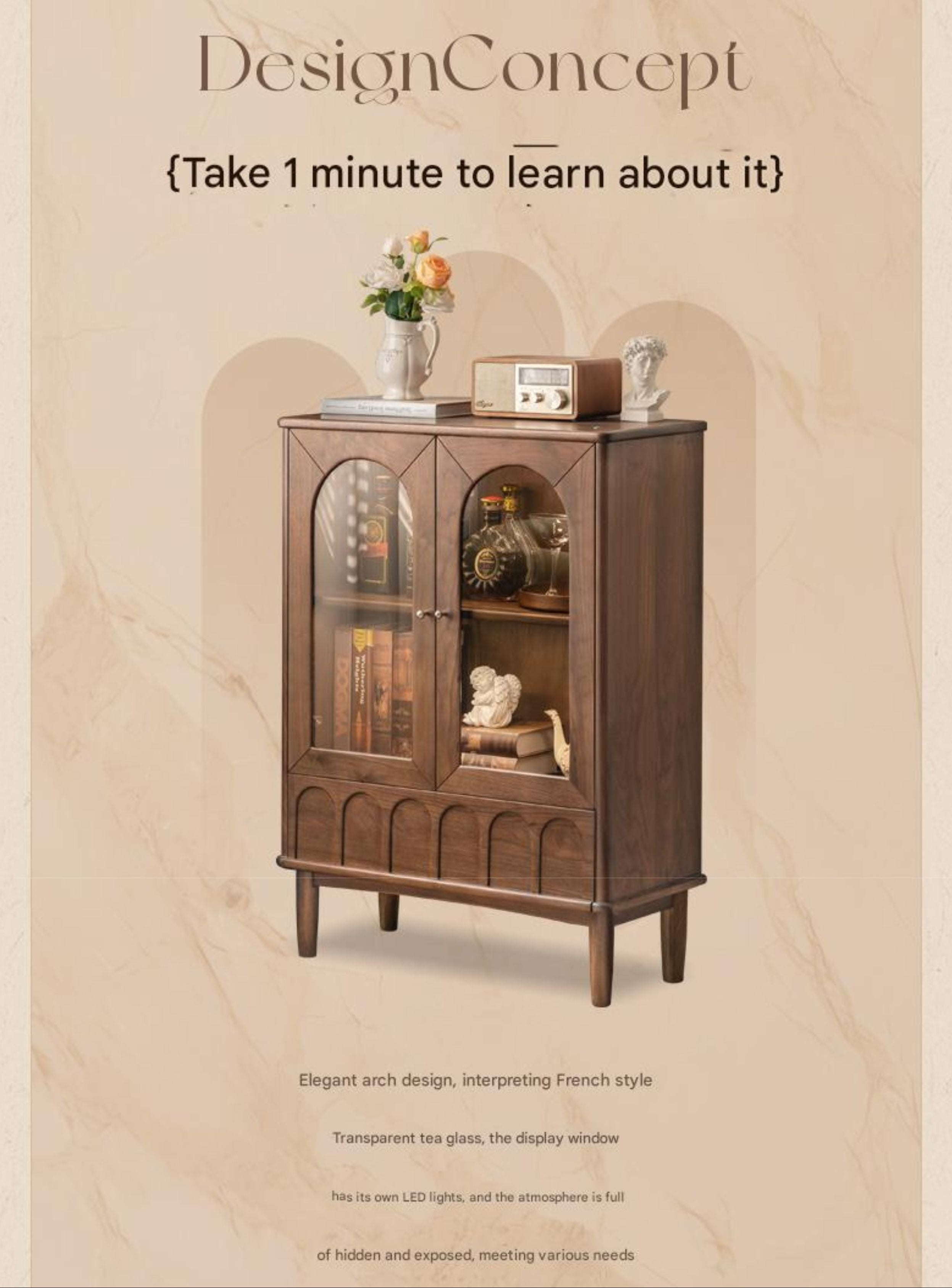 Black Walnut Solid Wood French Retro Side Cabinet.