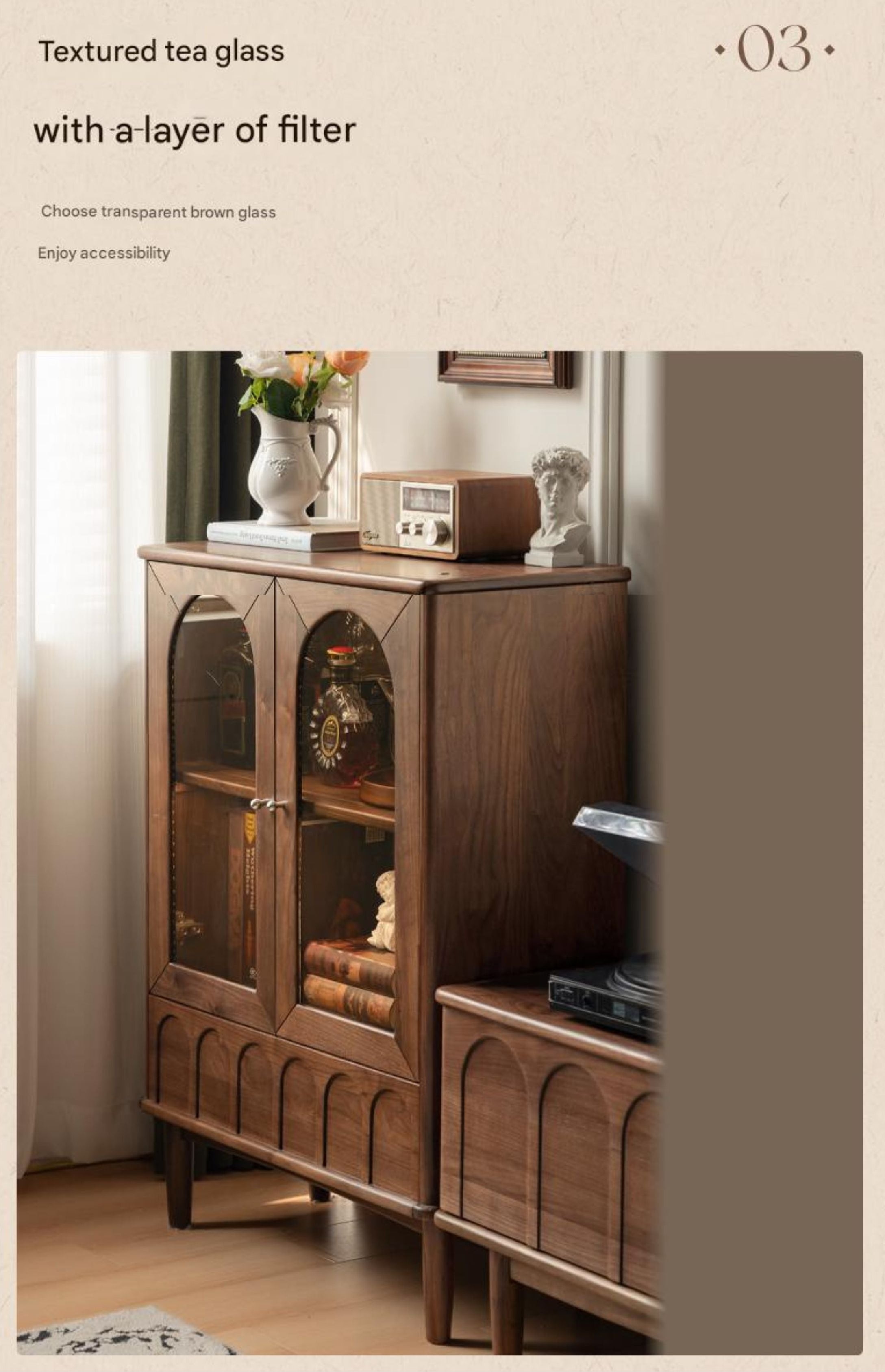 Black Walnut Solid Wood French Retro Side Cabinet.