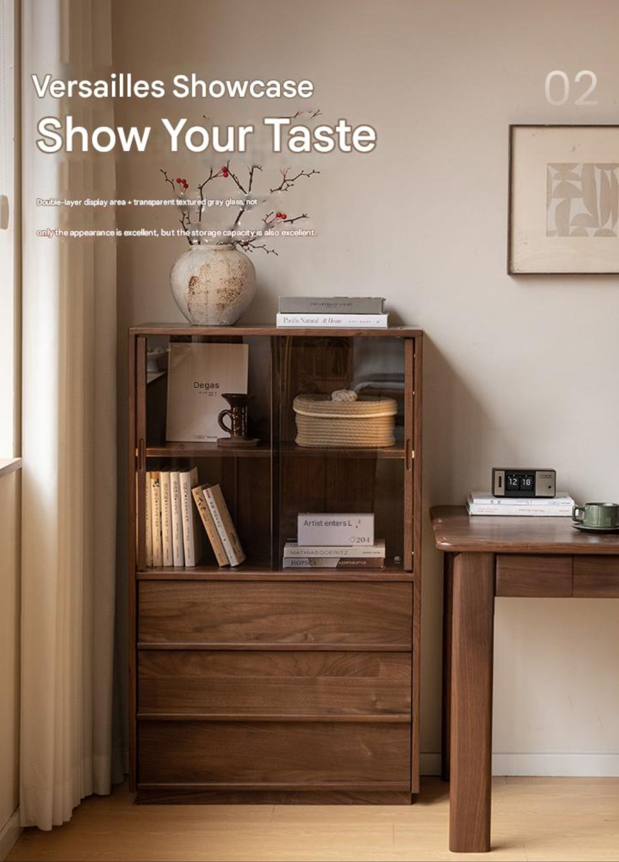 Oak, White oak, Black Walnut Solid Wood Wabi-Sabi Style Floor Side Cabinet.