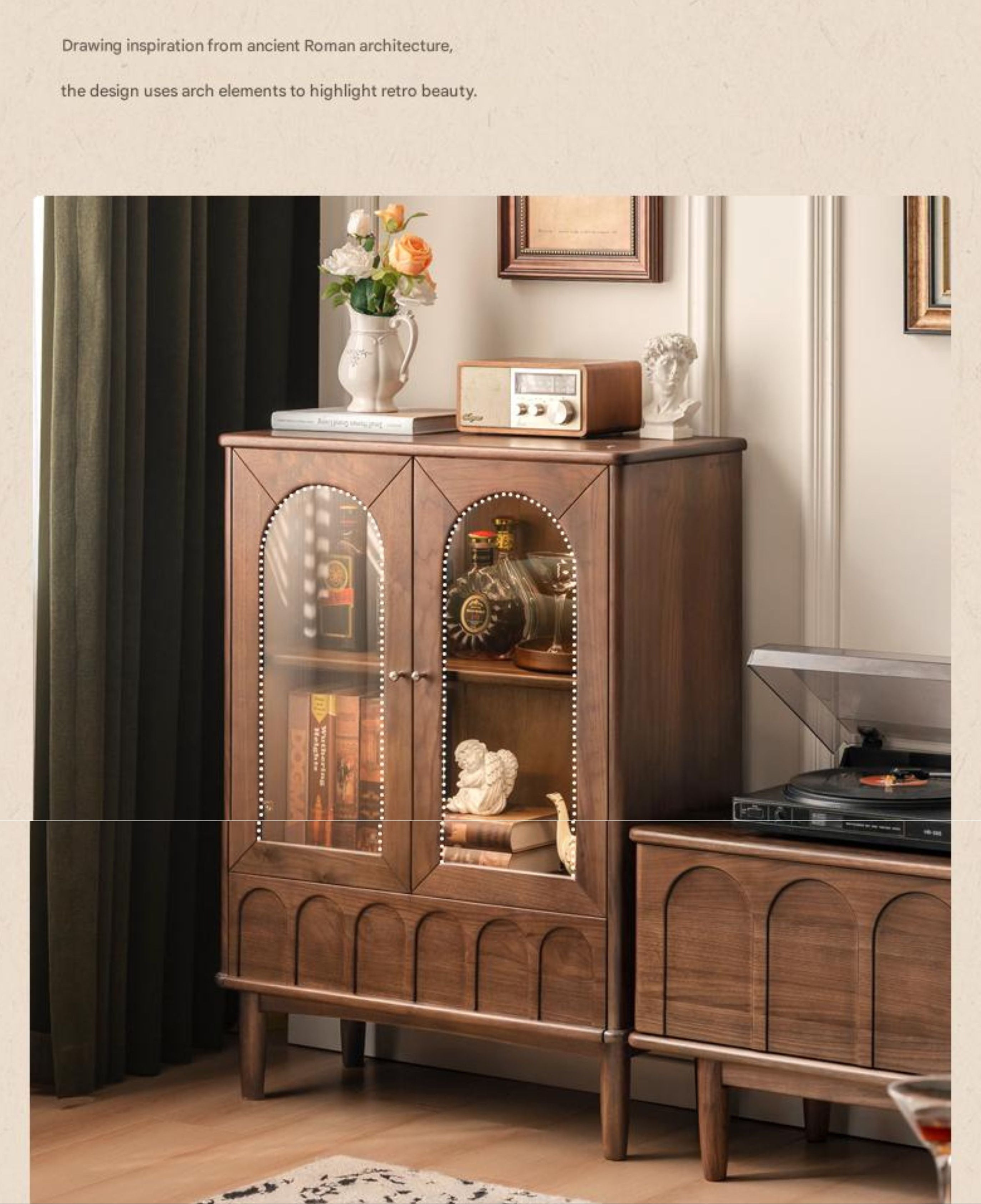 Black Walnut Solid Wood French Retro Side Cabinet.