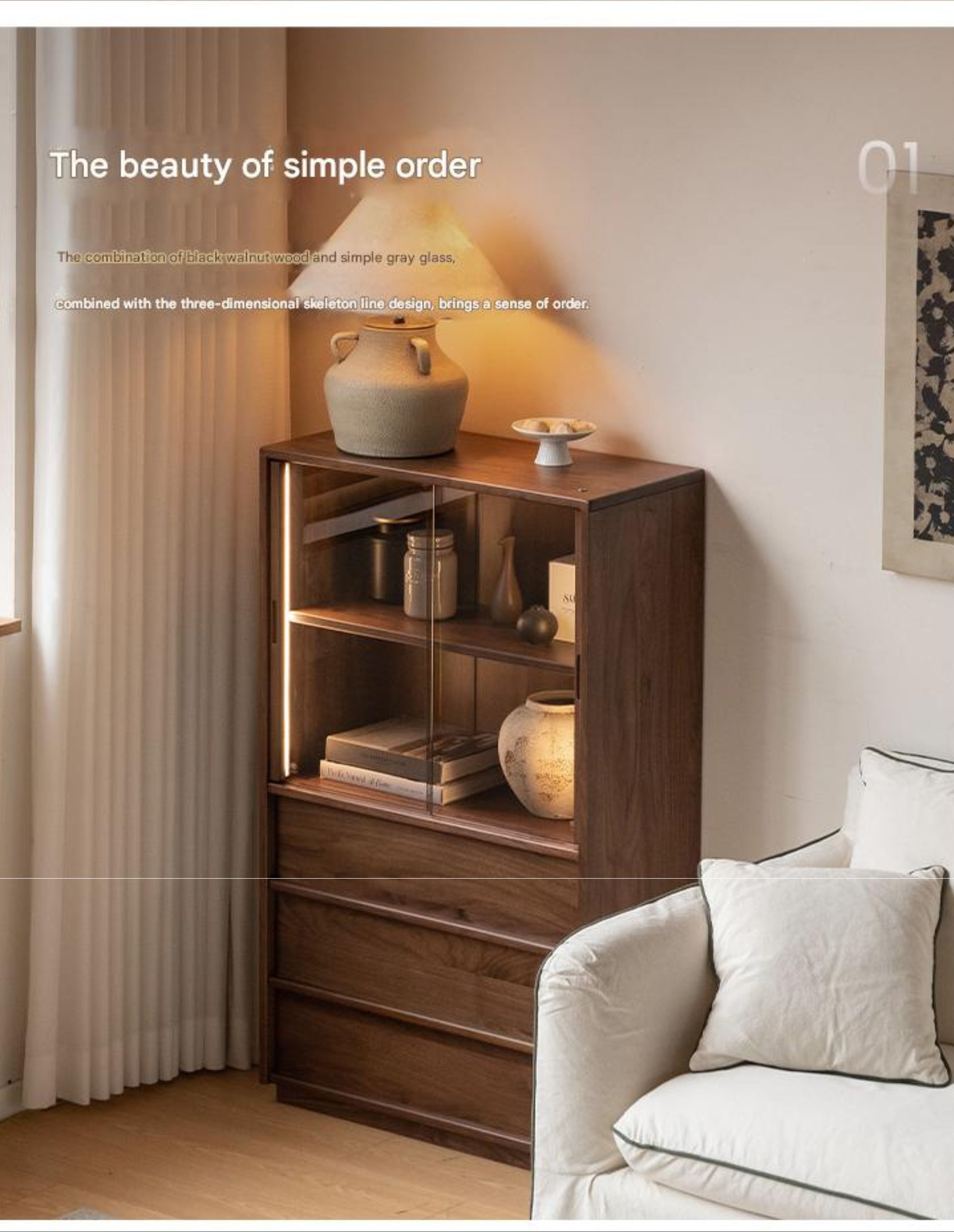 Oak, White oak, Black Walnut Solid Wood Wabi-Sabi Style Floor Side Cabinet.