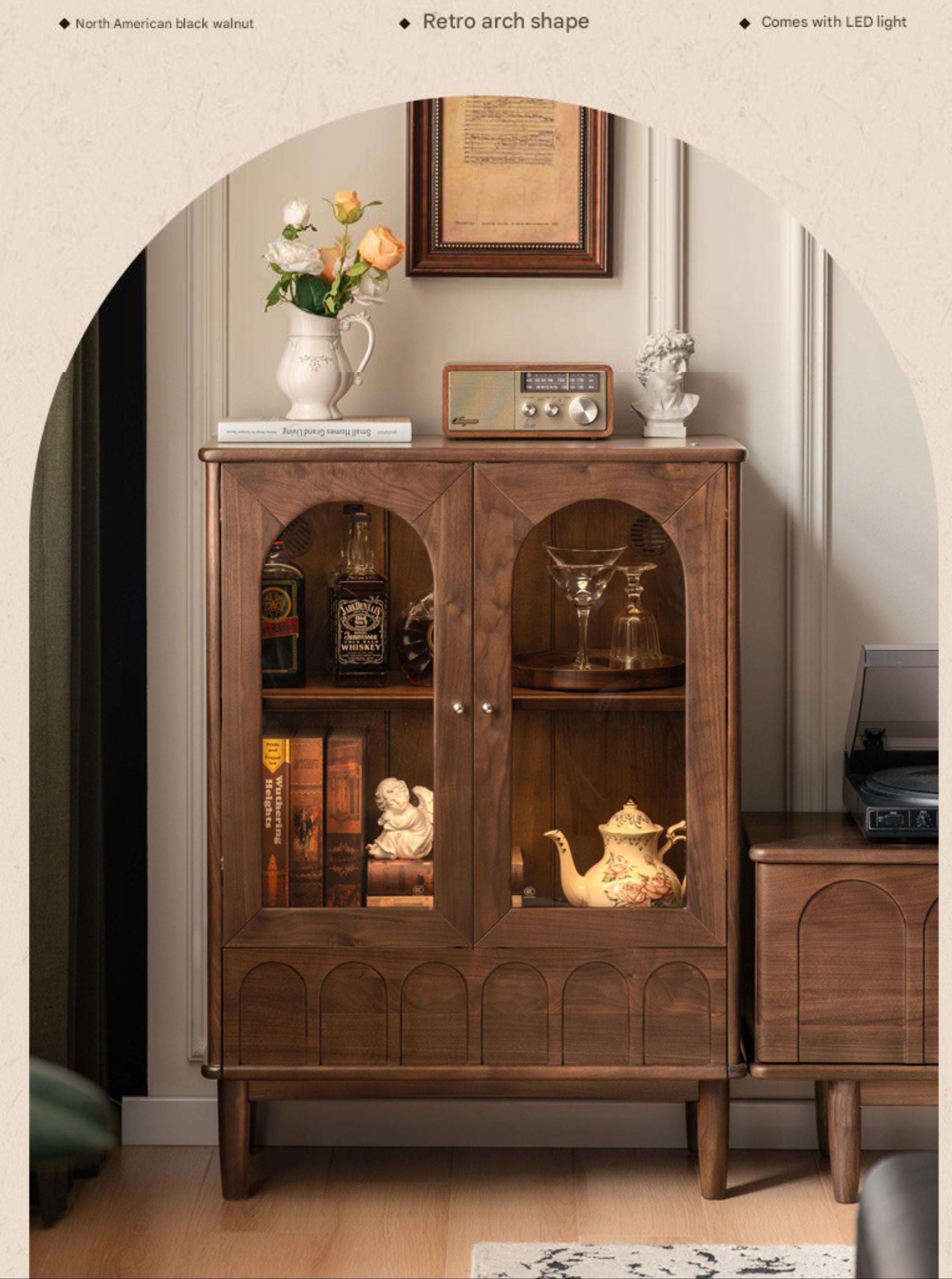 Black Walnut Solid Wood French Retro Side Cabinet.