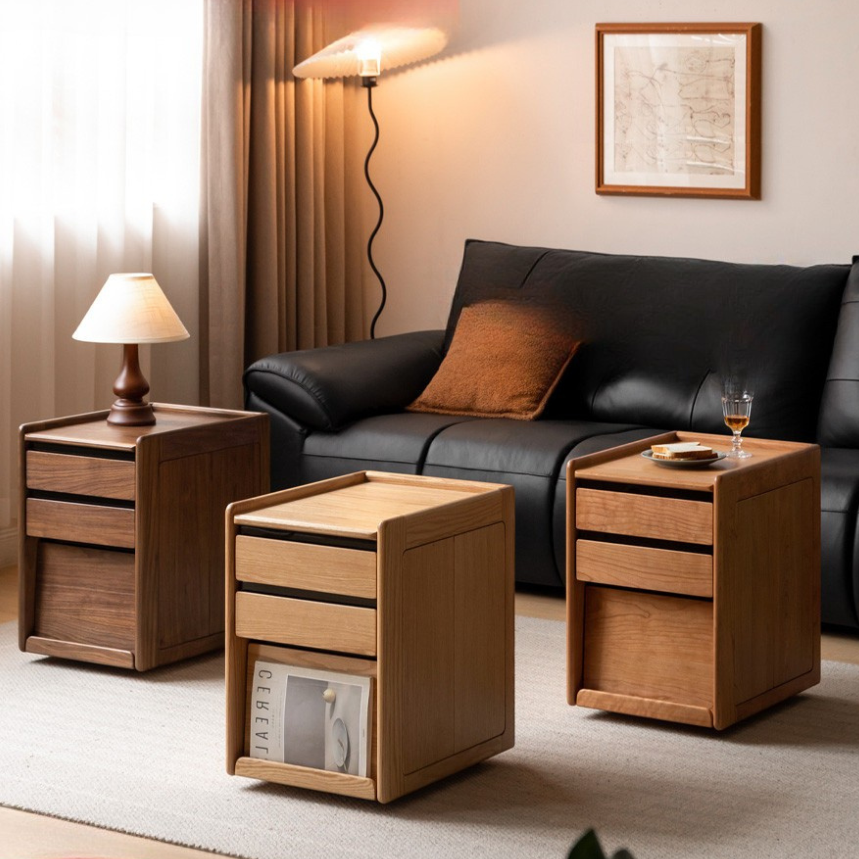 Black Walnut, Oak, Cherry  Solid Wood Mobile Nightstand side cabinet