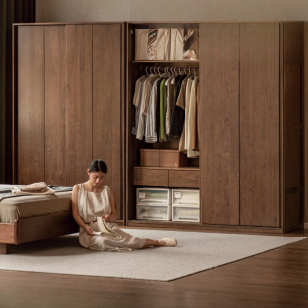 Black Walnut, Sandal Wood Sliding Door Wardrobe
