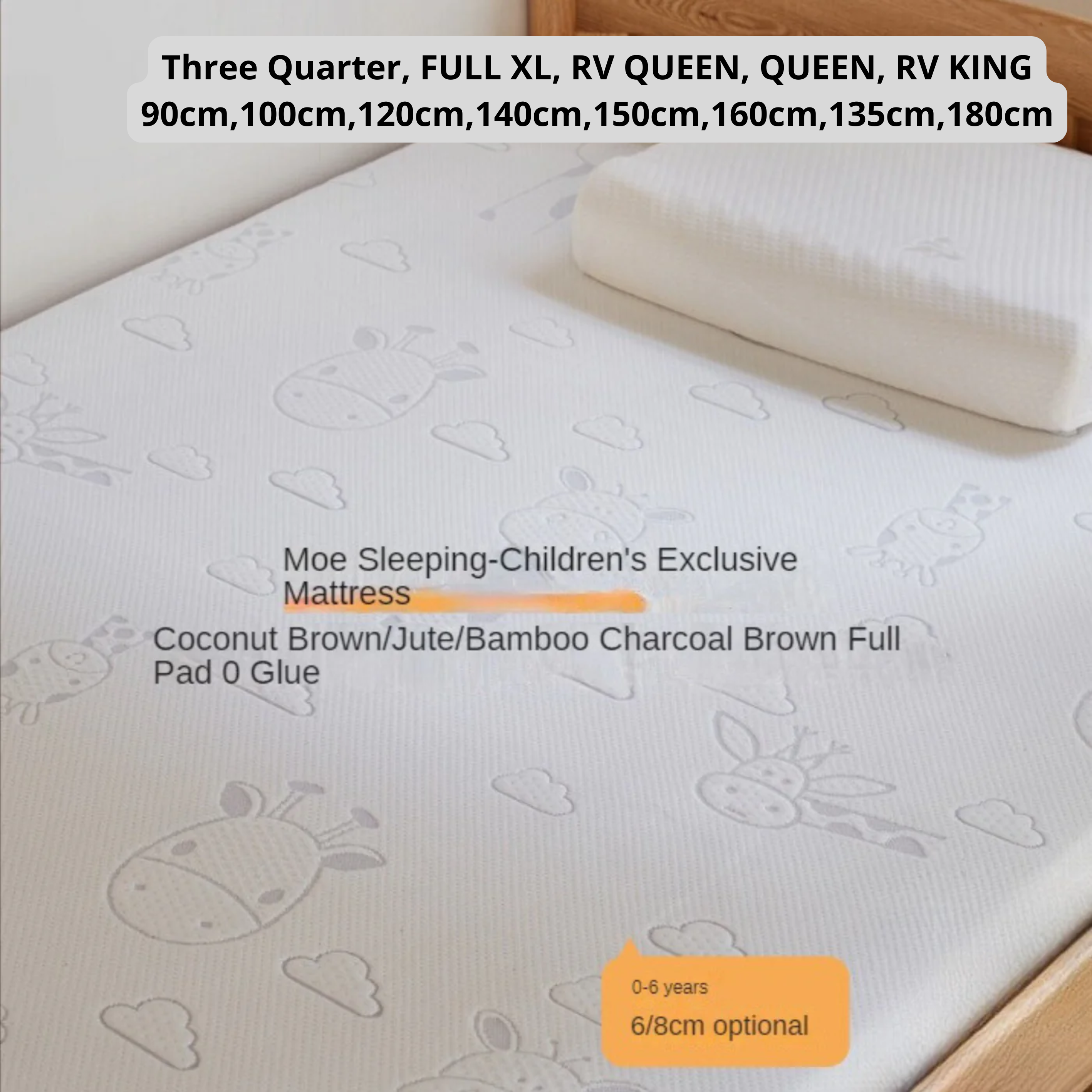 Natural Coconut Fiber and Latex Children's Mattress with Zero Glue, Firm 6CM, 8CM