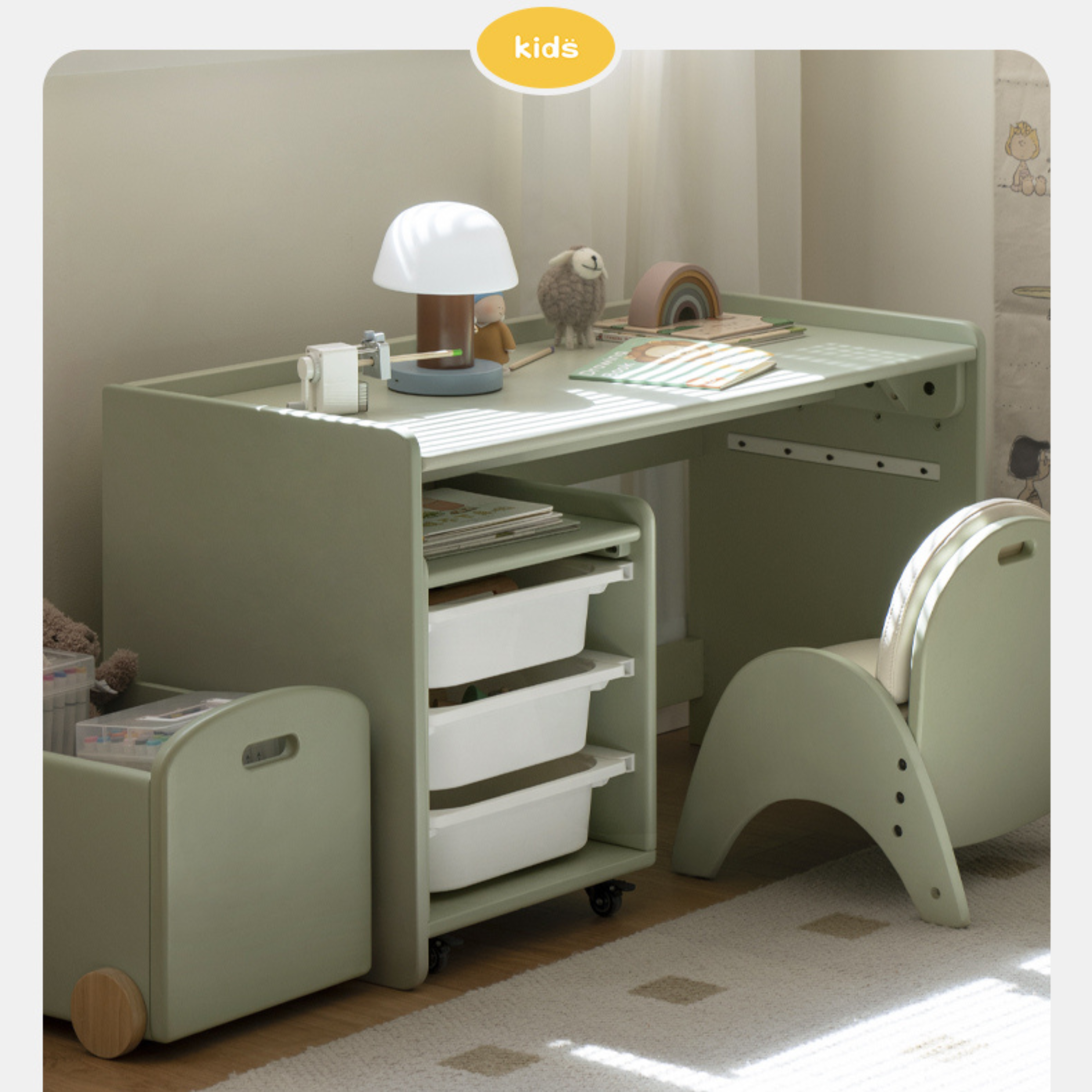 Poplar Solid Wood Children's Lift Table Table Storage Cabinet