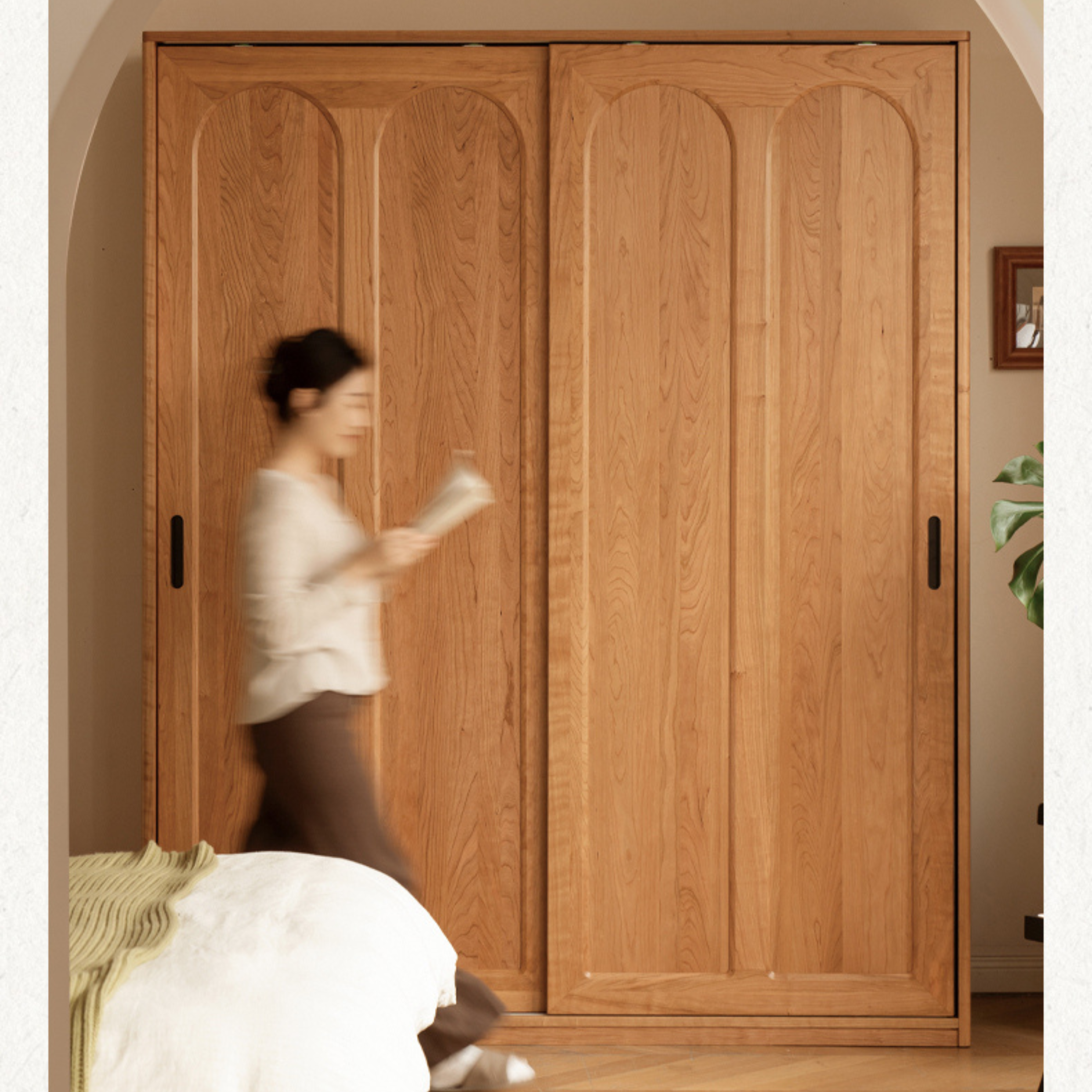 Cherry Solid Wood Retro Sliding Door Wardrobe