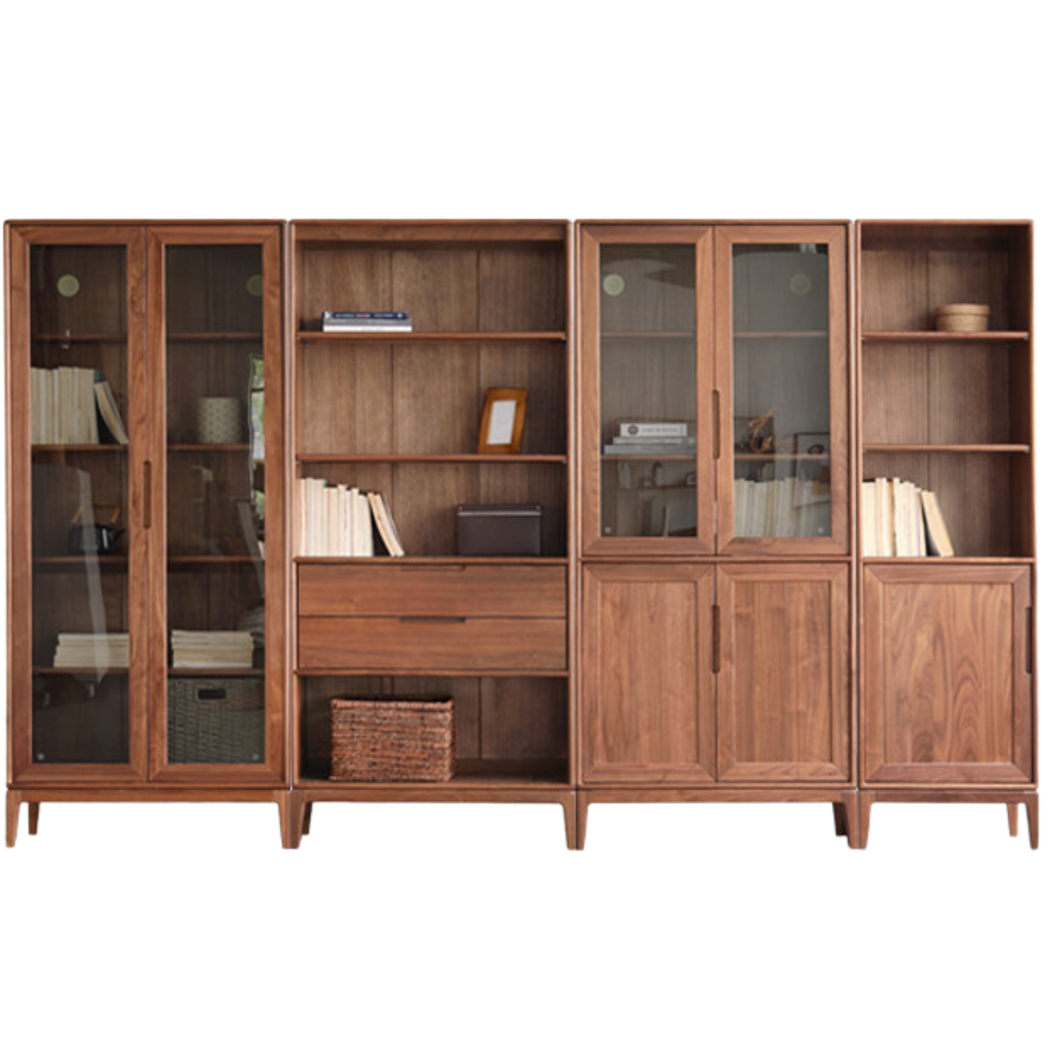 Black Walnut, Ash Solid Wood Combination Dust-Proof Glass Door Wall Floor-To-Ceiling Bookshelf<