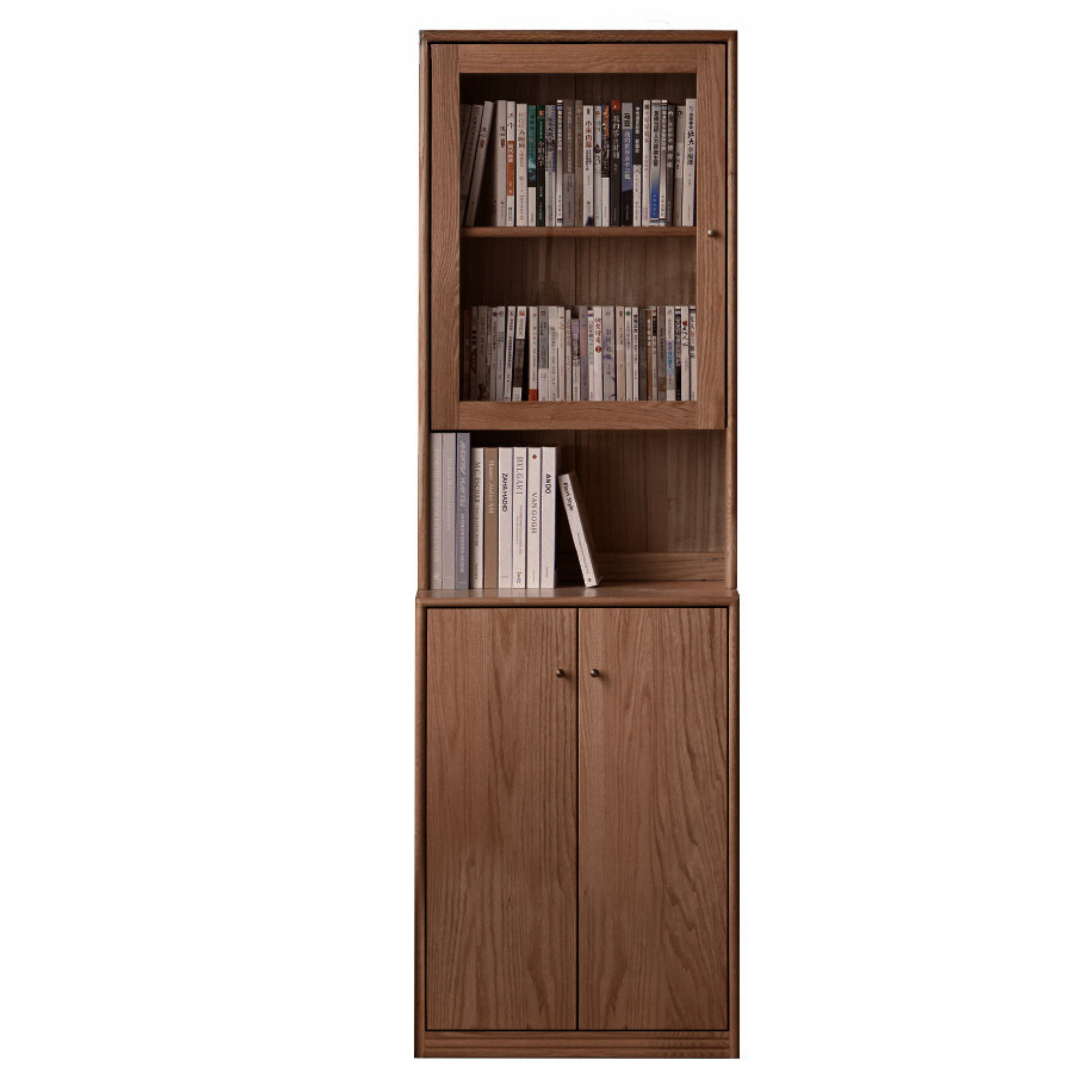 Oak Solid Wood Floor-To-Ceiling Combination Bookshelf, Glass Bookcase