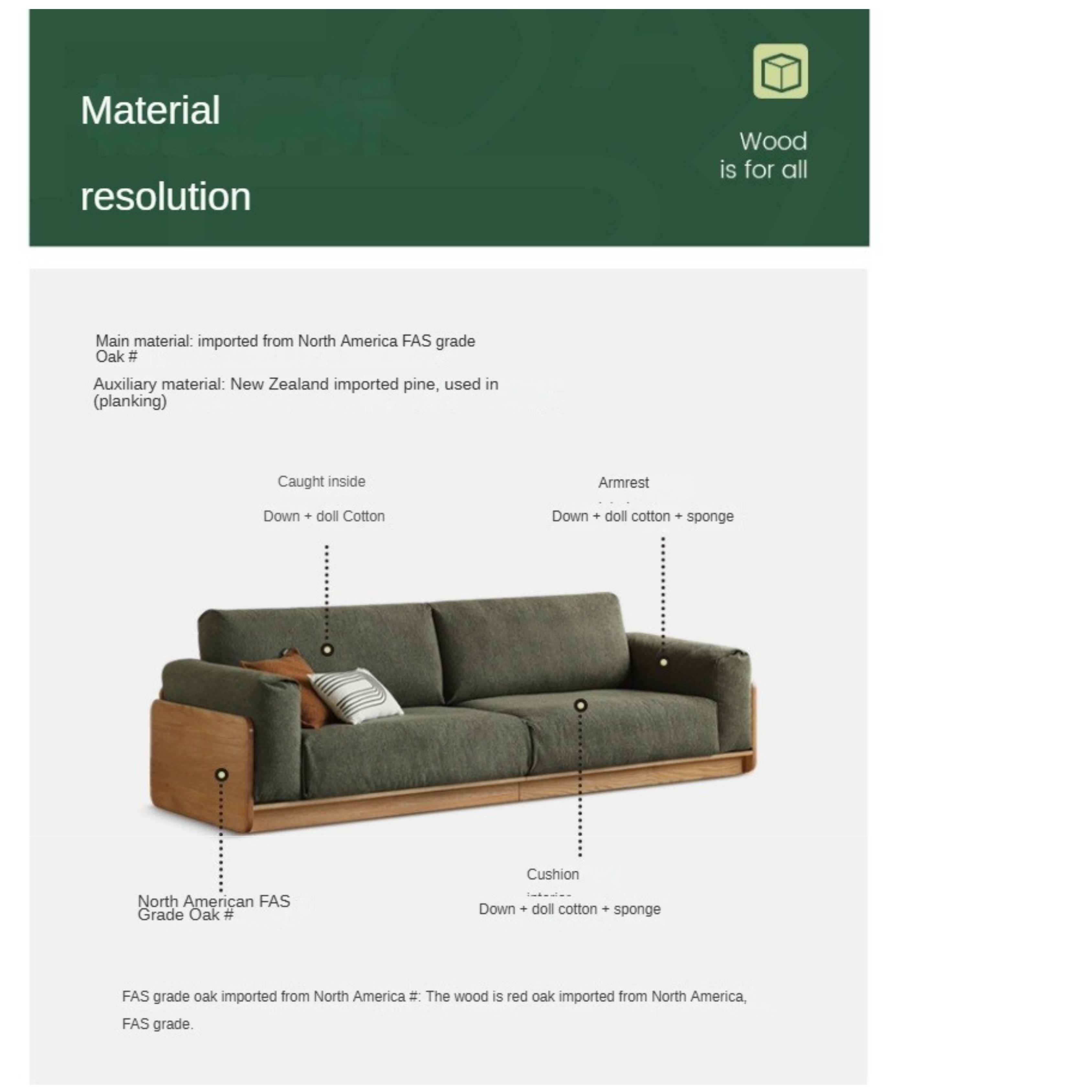 Oak Solid Wood Modern Floor Straight Sofa