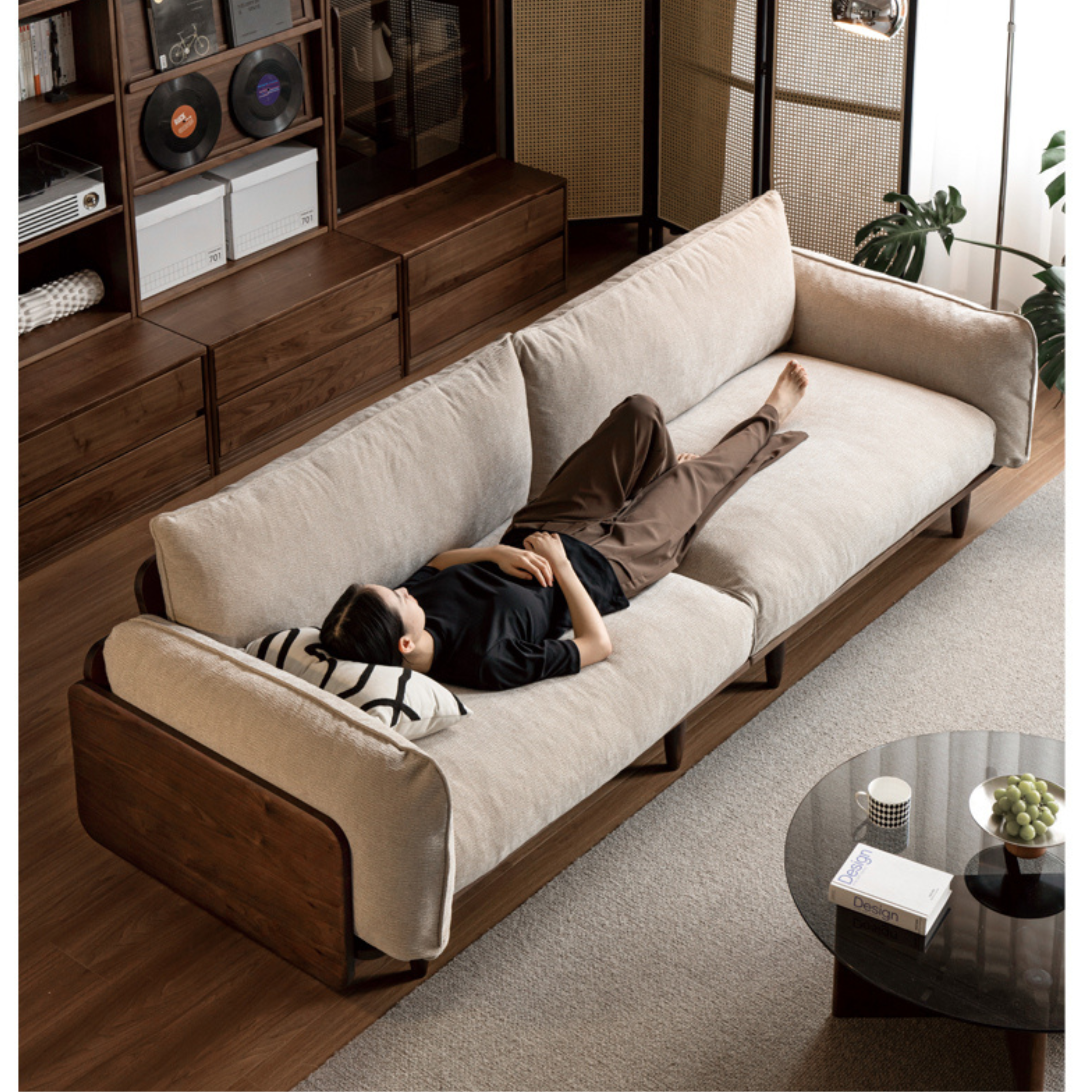 Black Walnut Solid Wood Fabric Straight Sofa