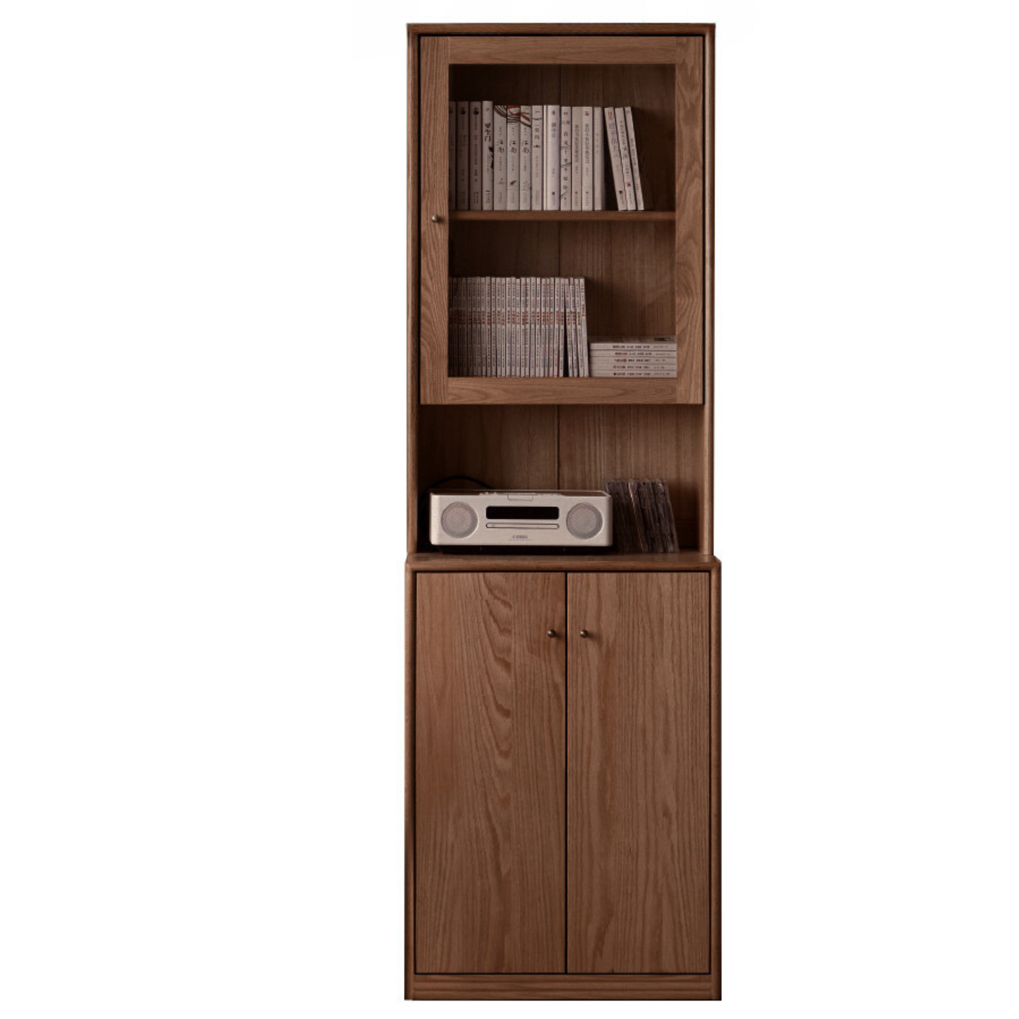 Oak Solid Wood Floor-To-Ceiling Combination Bookshelf, Glass Bookcase