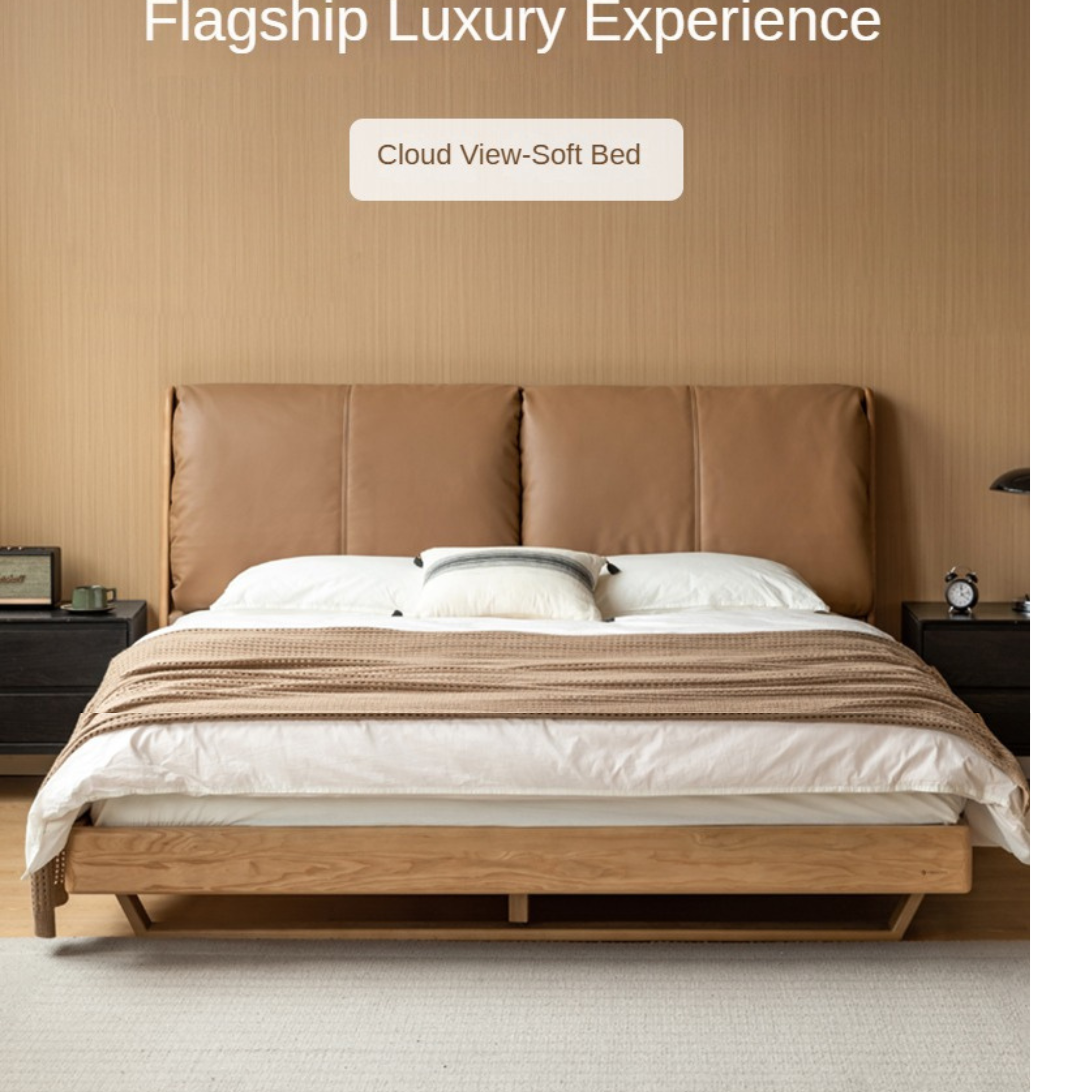 Oak, Ash Solid Wood Leather Soft Suspended Bed Italian Light Luxury