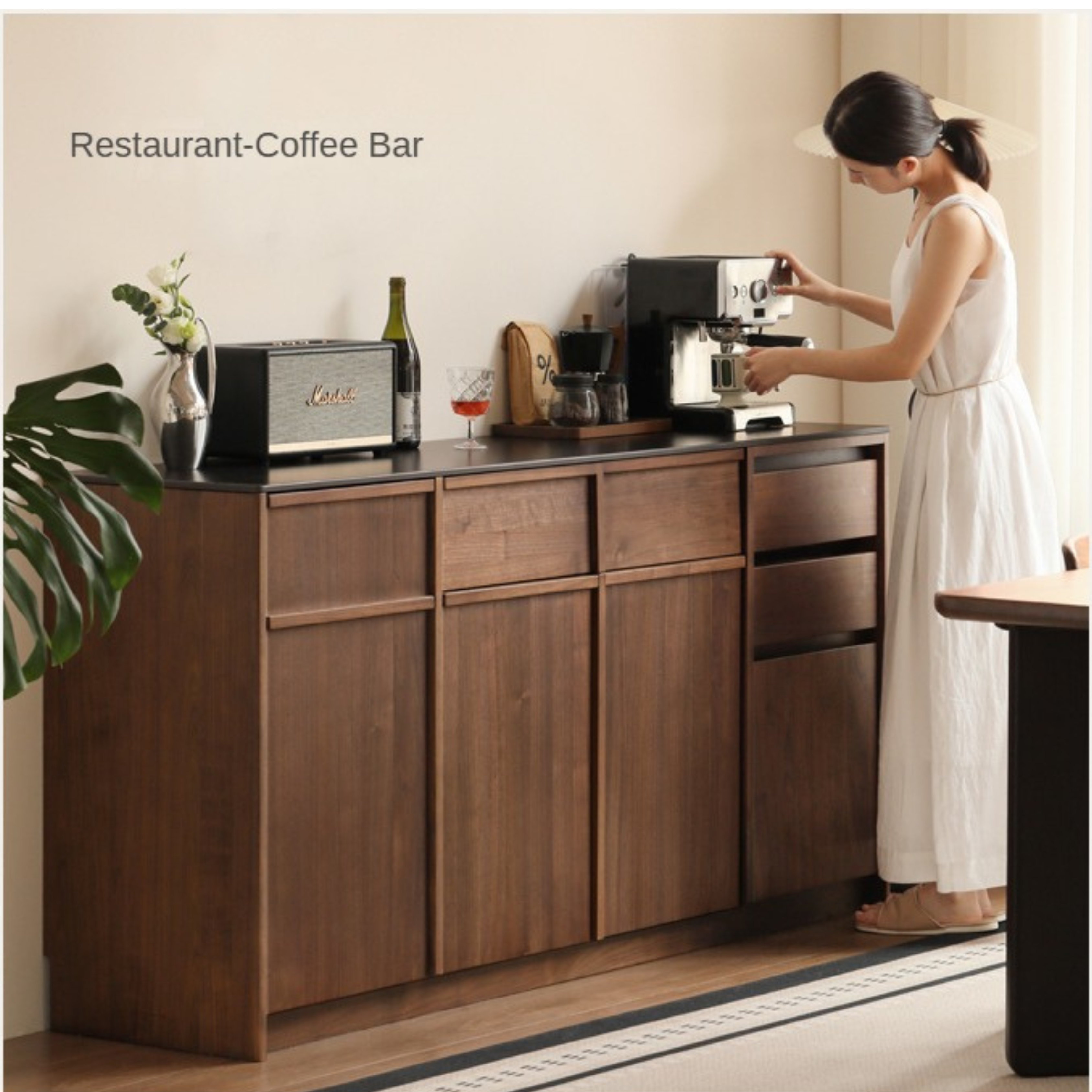Black Walnut Solid Wood Dining Sideboard Rock Board Light Luxury