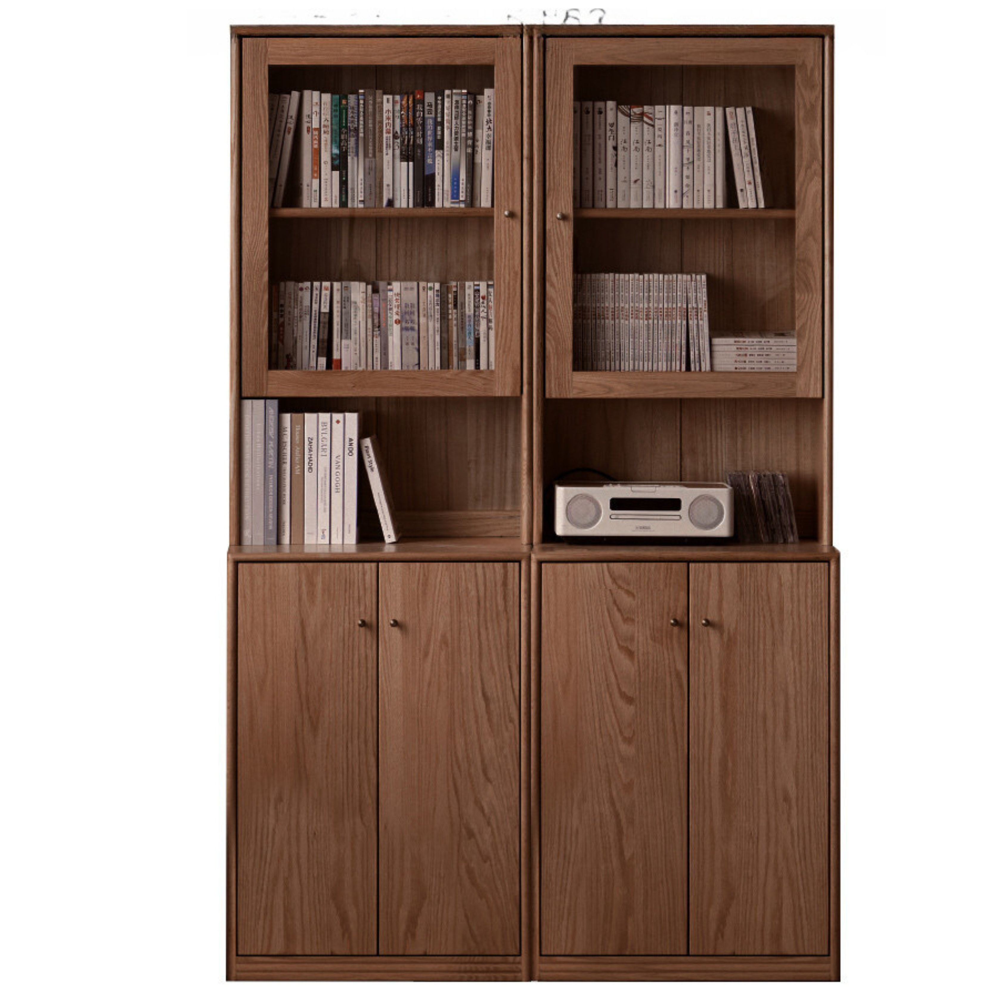 Oak Solid Wood Floor-To-Ceiling Combination Bookshelf, Glass Bookcase