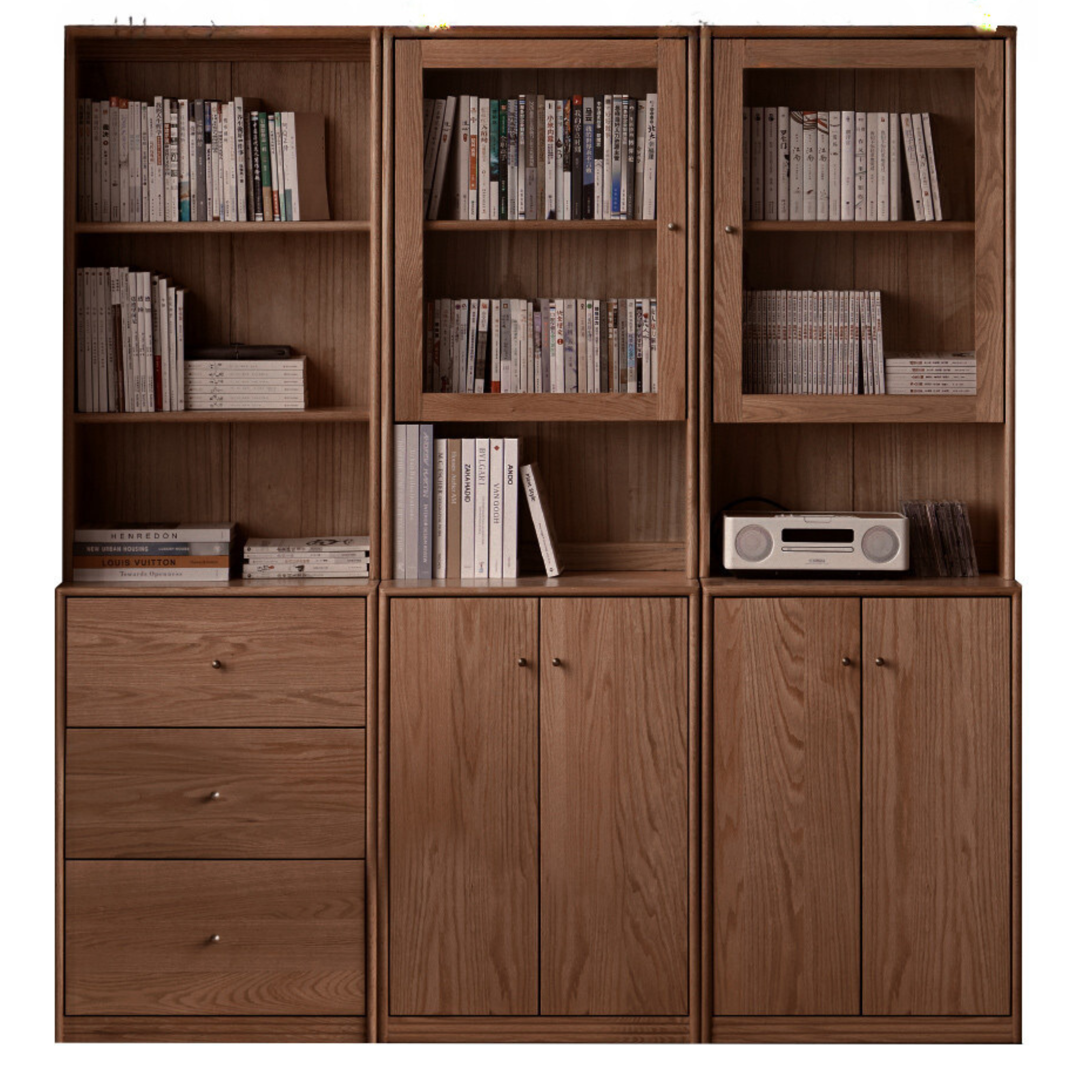 Oak Solid Wood Floor-To-Ceiling Combination Bookshelf, Glass Bookcase