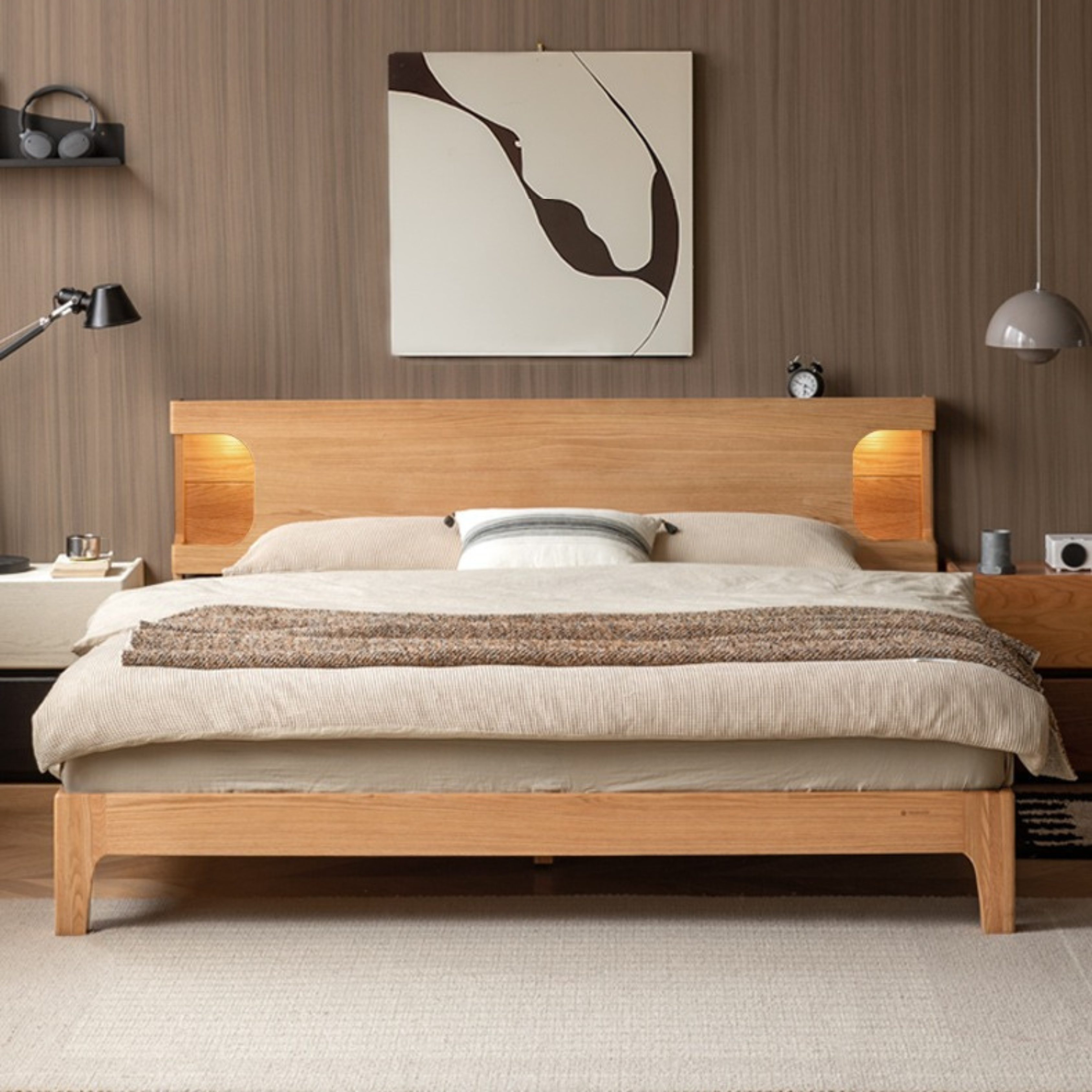 Oak solid wood luminous bed charger, shelf