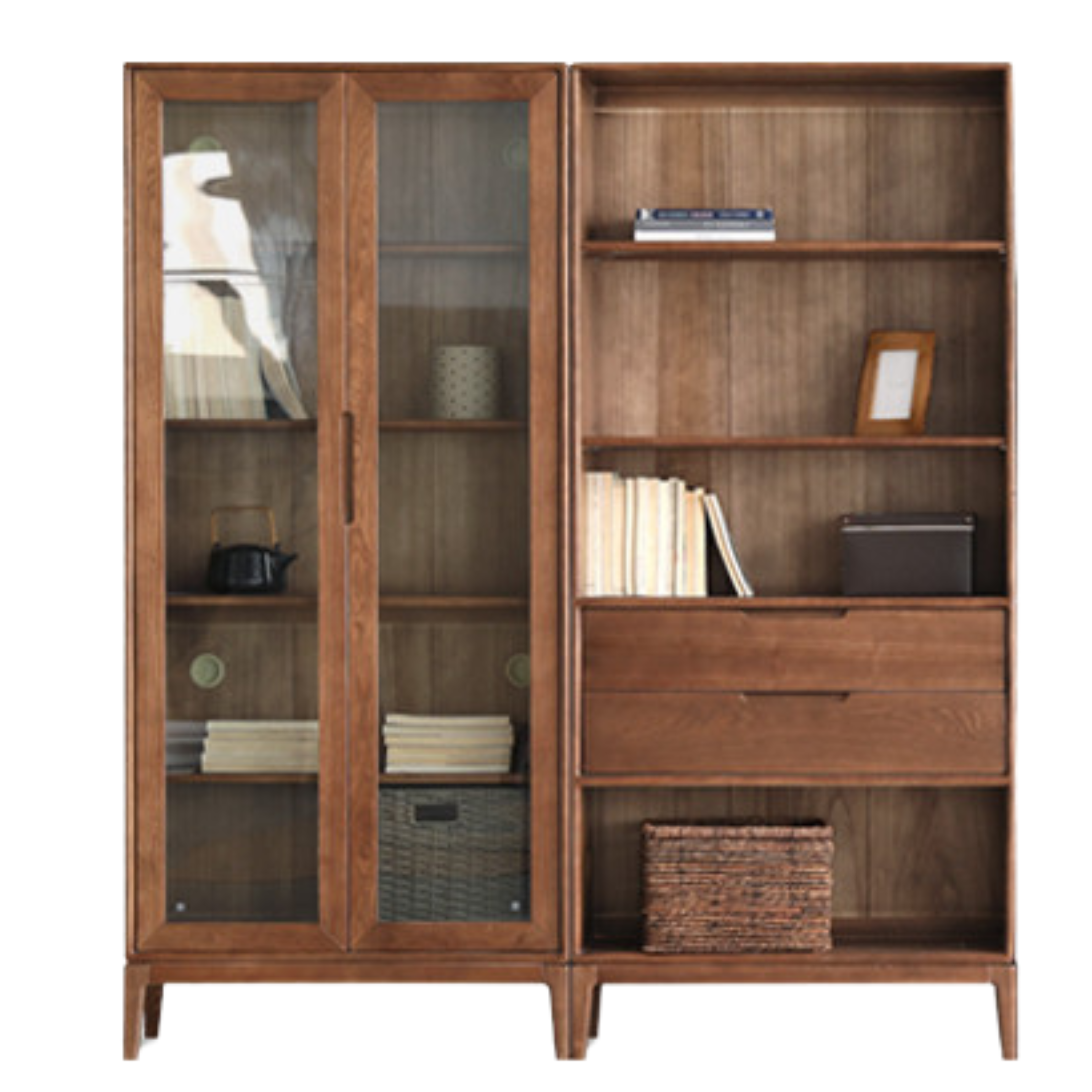 Black Walnut, Ash Solid Wood Combination Dust-Proof Glass Door Wall Floor-To-Ceiling Bookshelf<