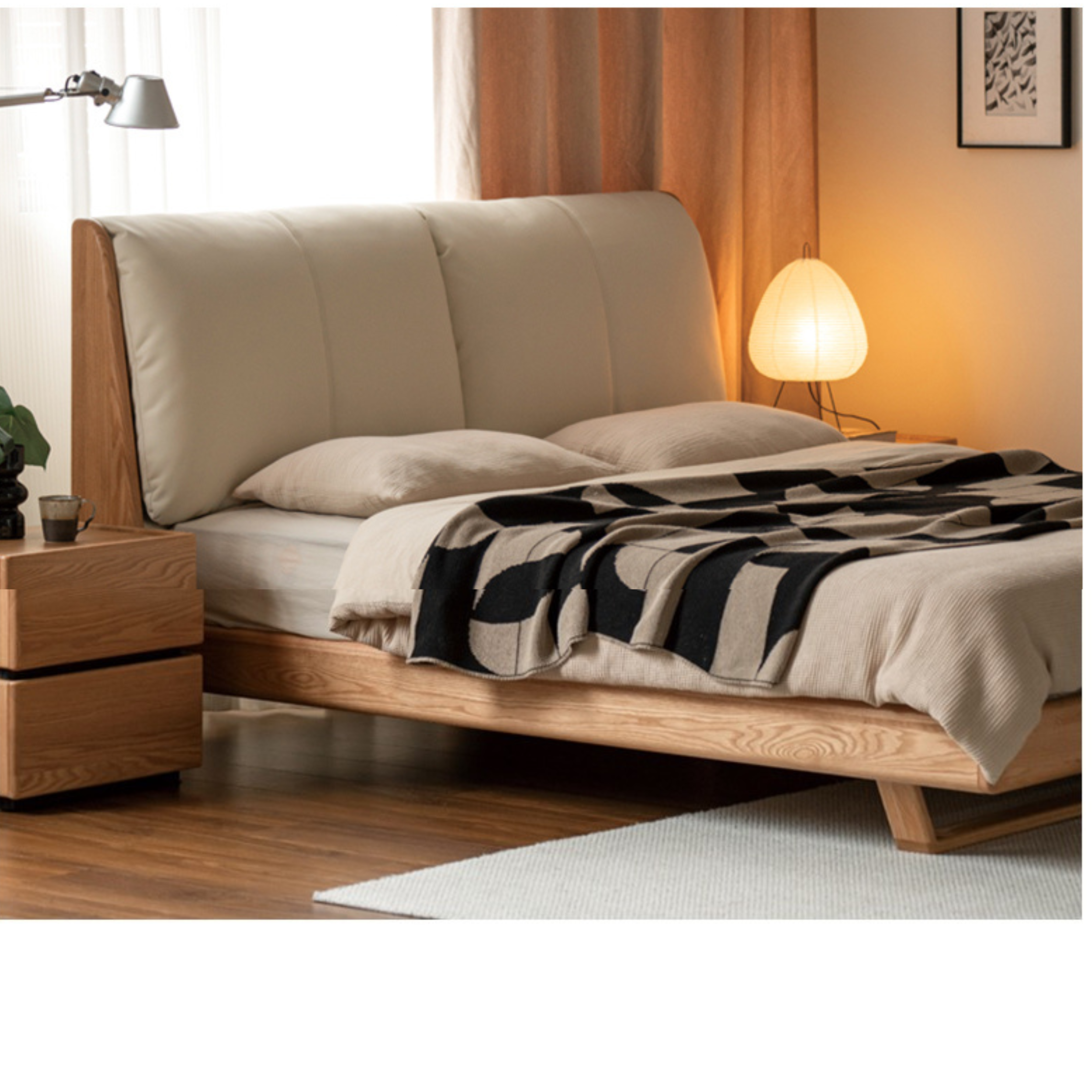 Oak, Ash Solid Wood Leather Soft Suspended Bed Italian Light Luxury