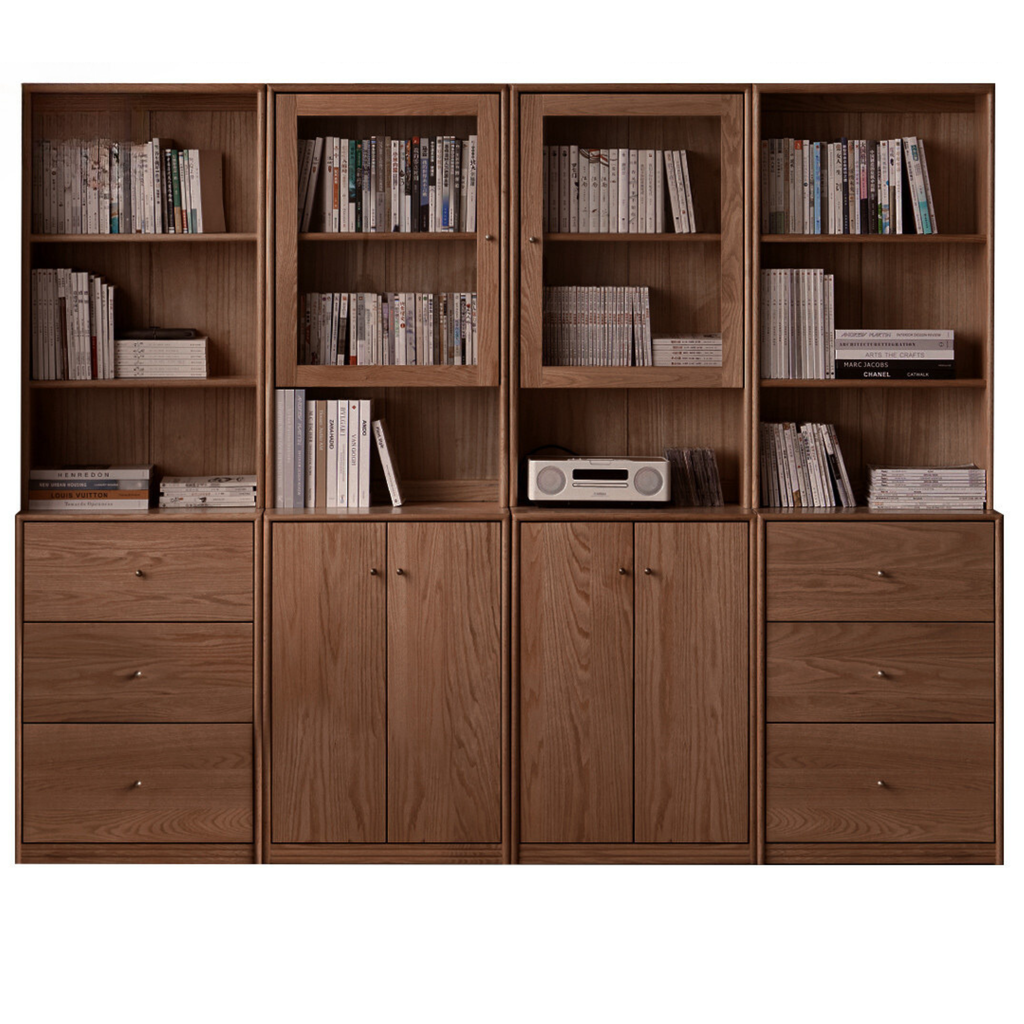 Oak Solid Wood Floor-To-Ceiling Combination Bookshelf, Glass Bookcase