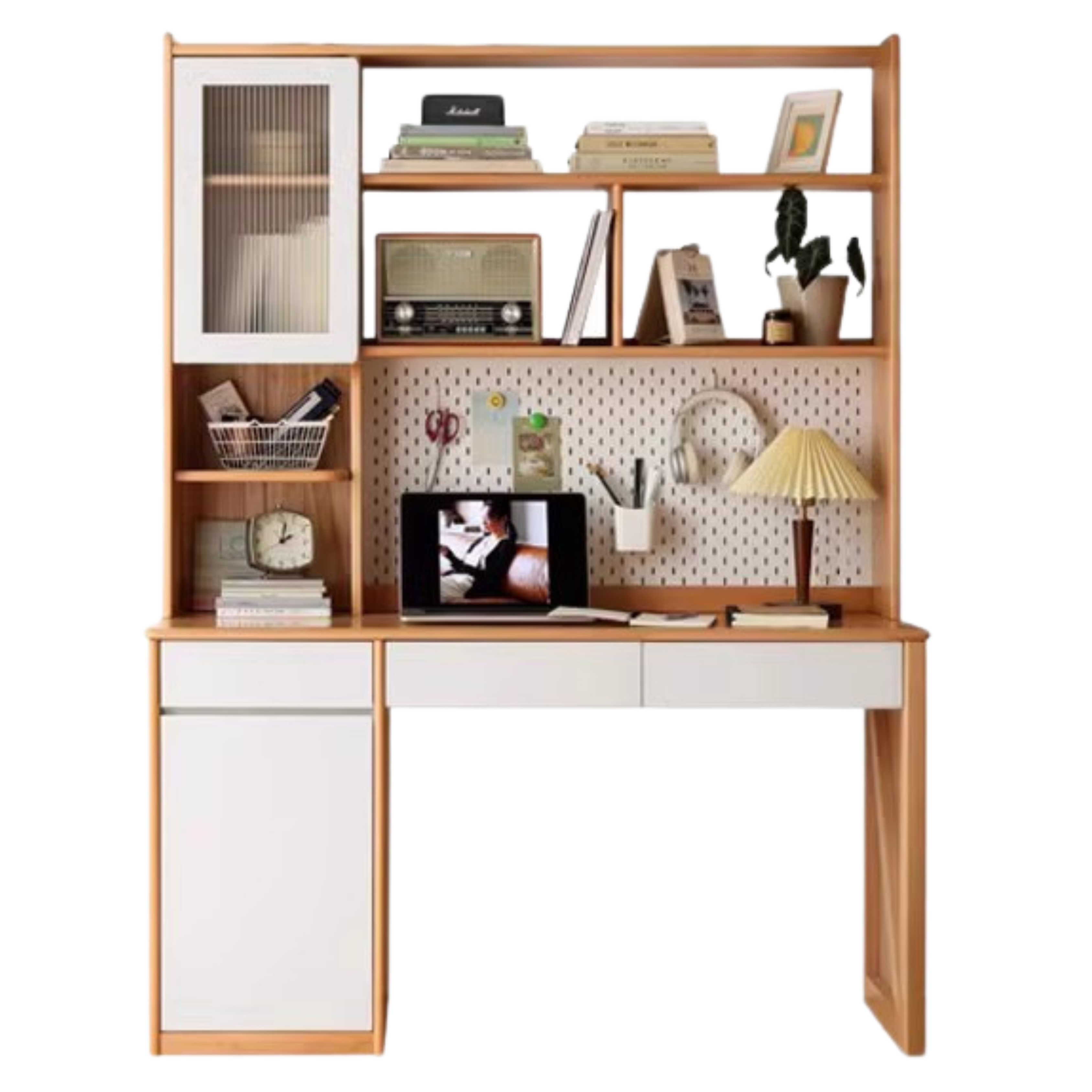 Beech Solid Wood Desk Bookshelf Integrated Study