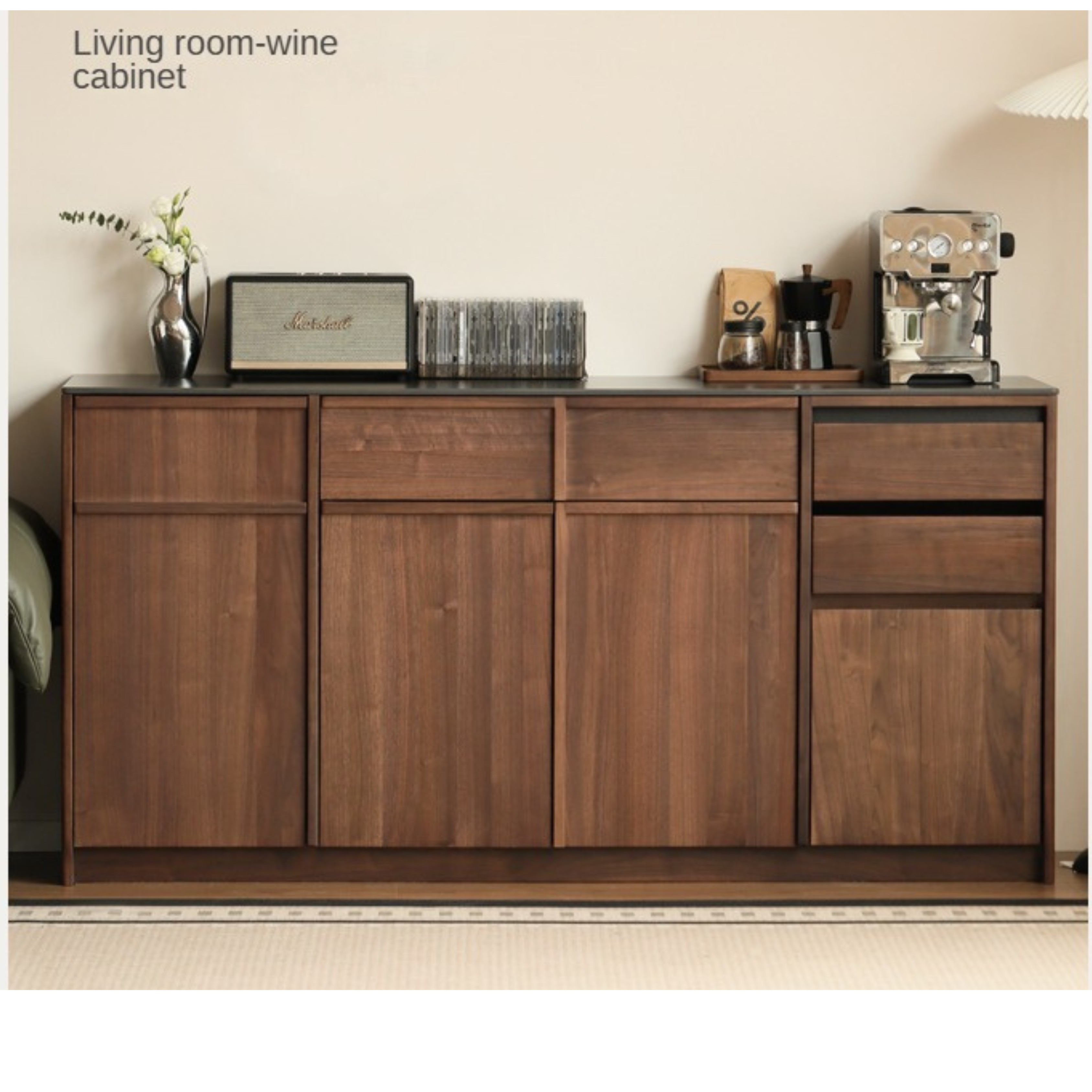 Black Walnut Solid Wood Dining Sideboard Rock Board Light Luxury