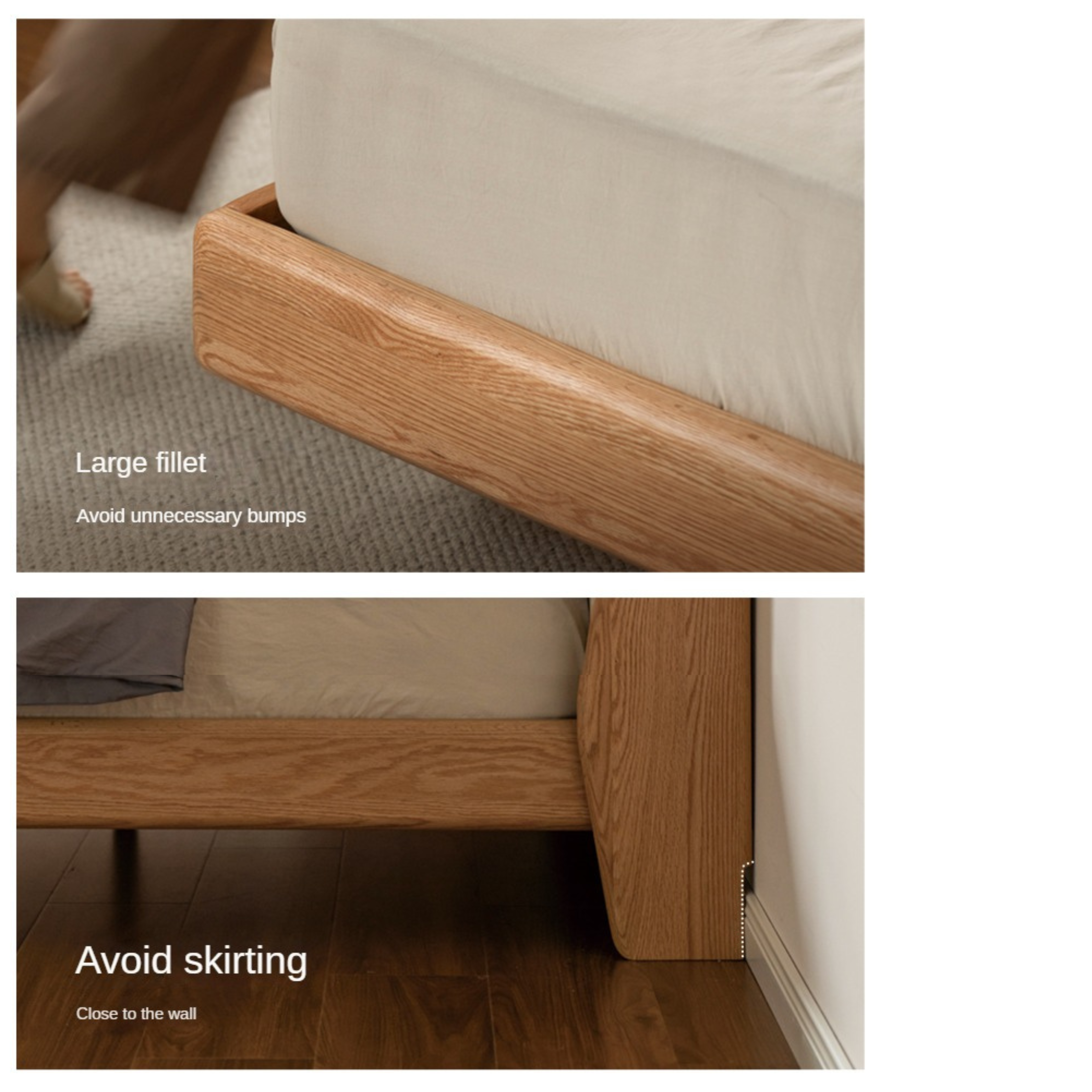 Oak, Ash Solid Wood Leather Soft Suspended Bed Italian Light Luxury