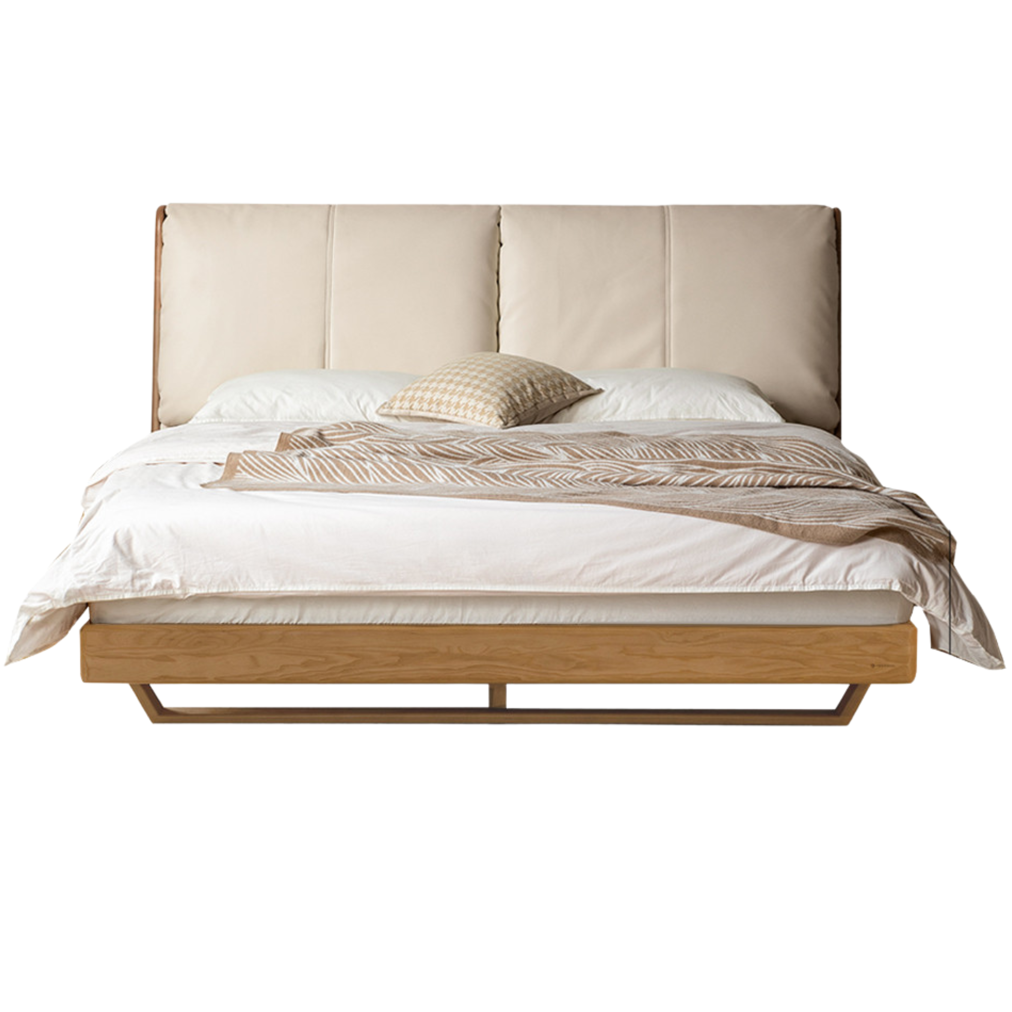 Oak, Ash Solid Wood Leather Soft Suspended Bed Italian Light Luxury