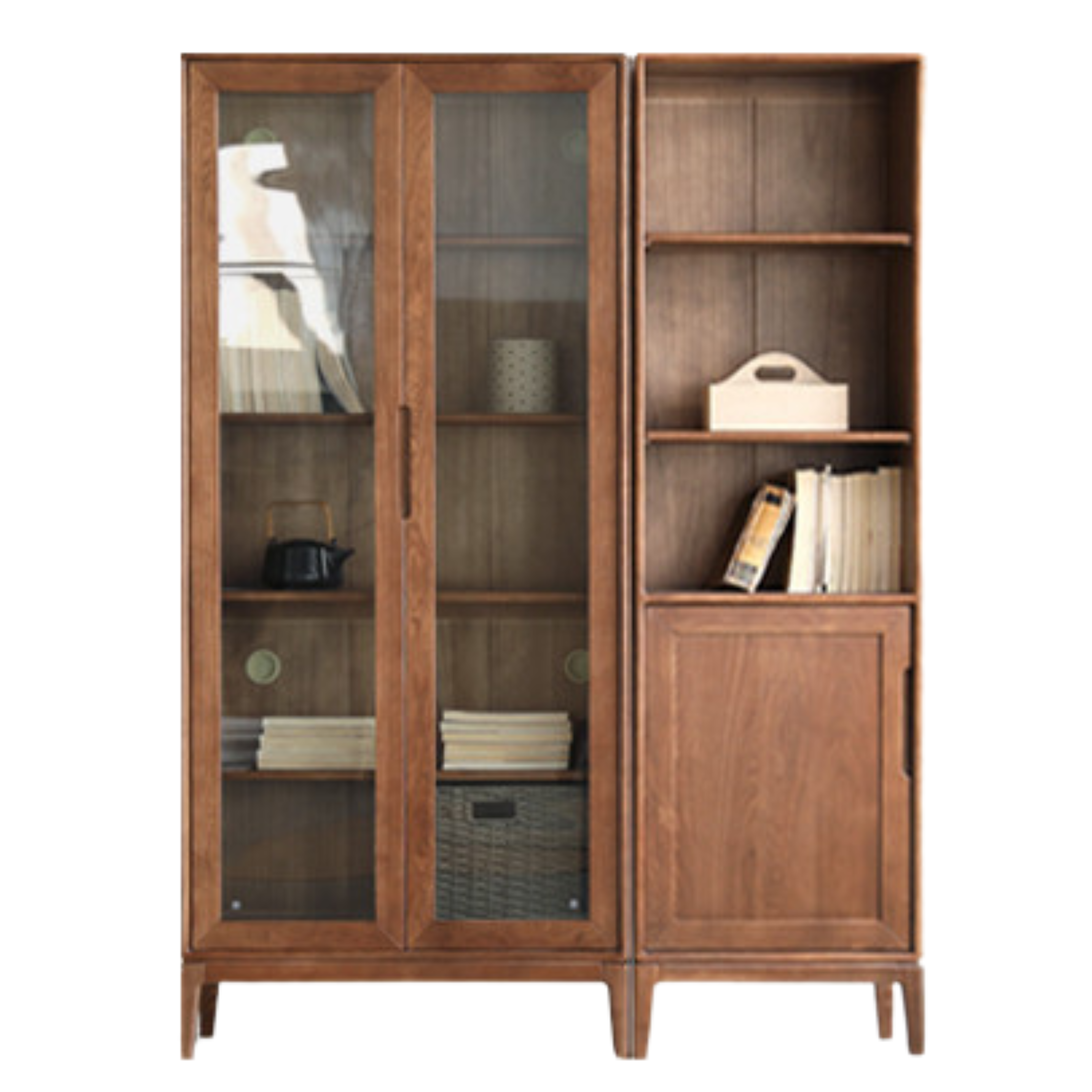 Black Walnut, Ash Solid Wood Combination Dust-Proof Glass Door Wall Floor-To-Ceiling Bookshelf<