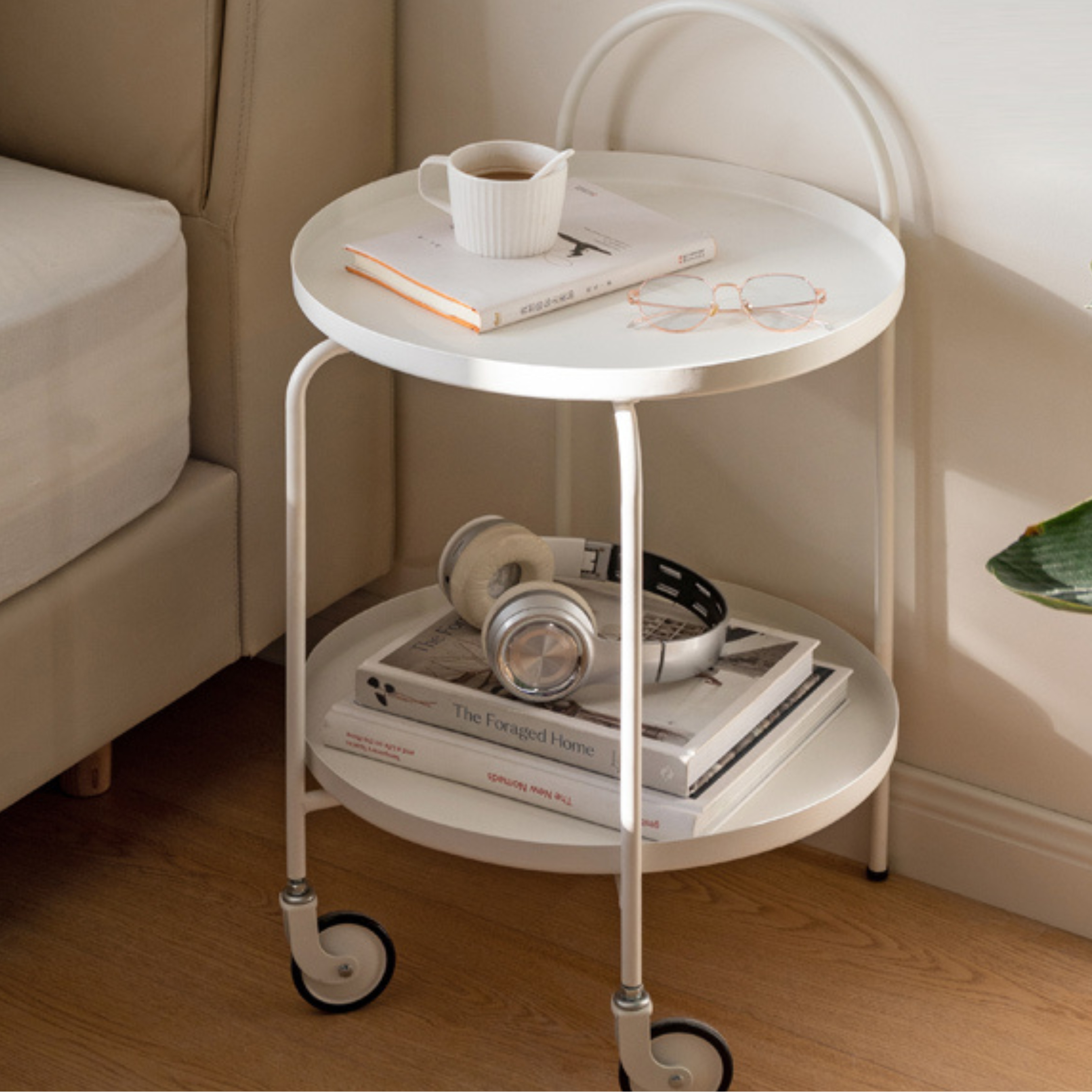 Double Layer Storage Mobile Side Table White Trolley