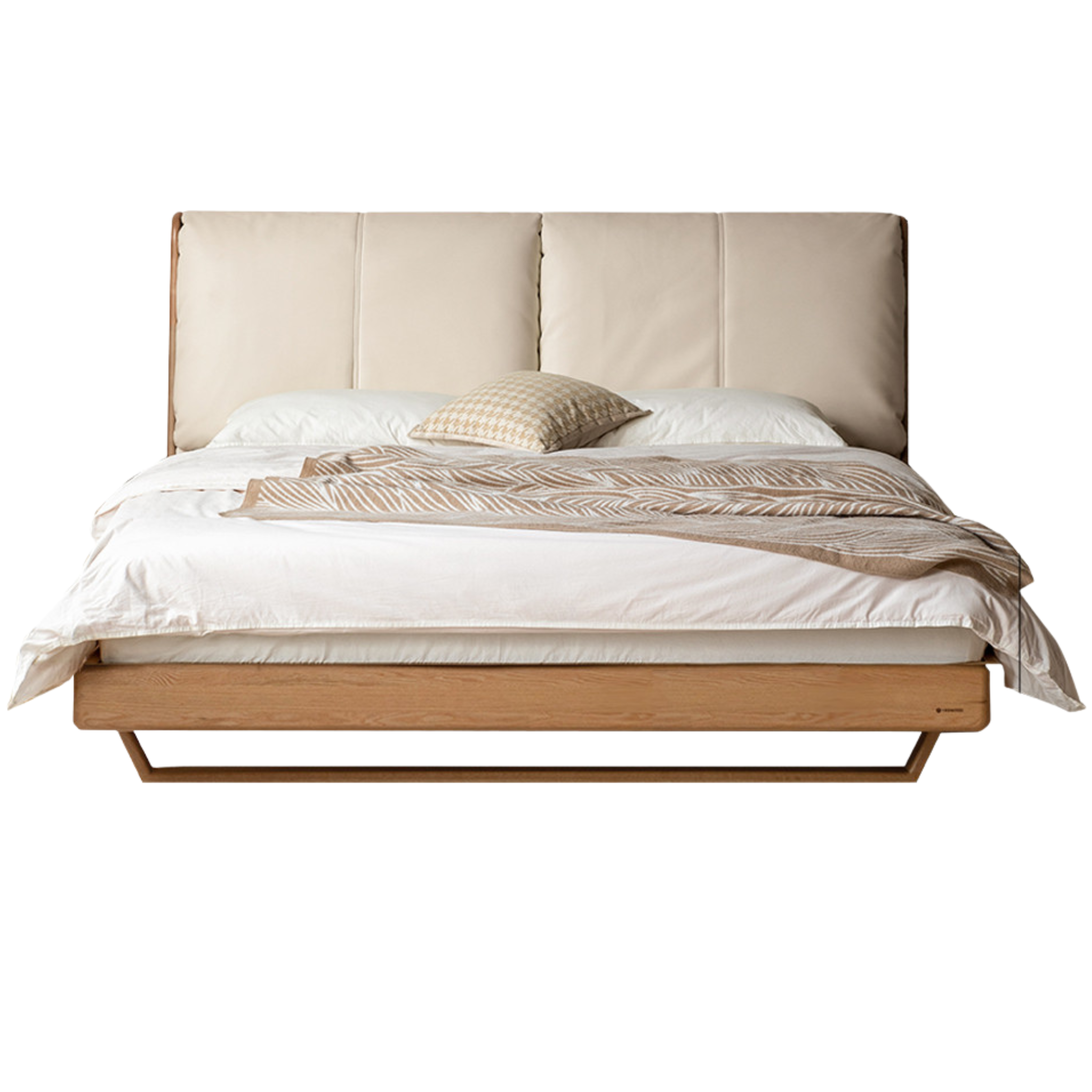 Oak, Ash Solid Wood Leather Soft Suspended Bed Italian Light Luxury
