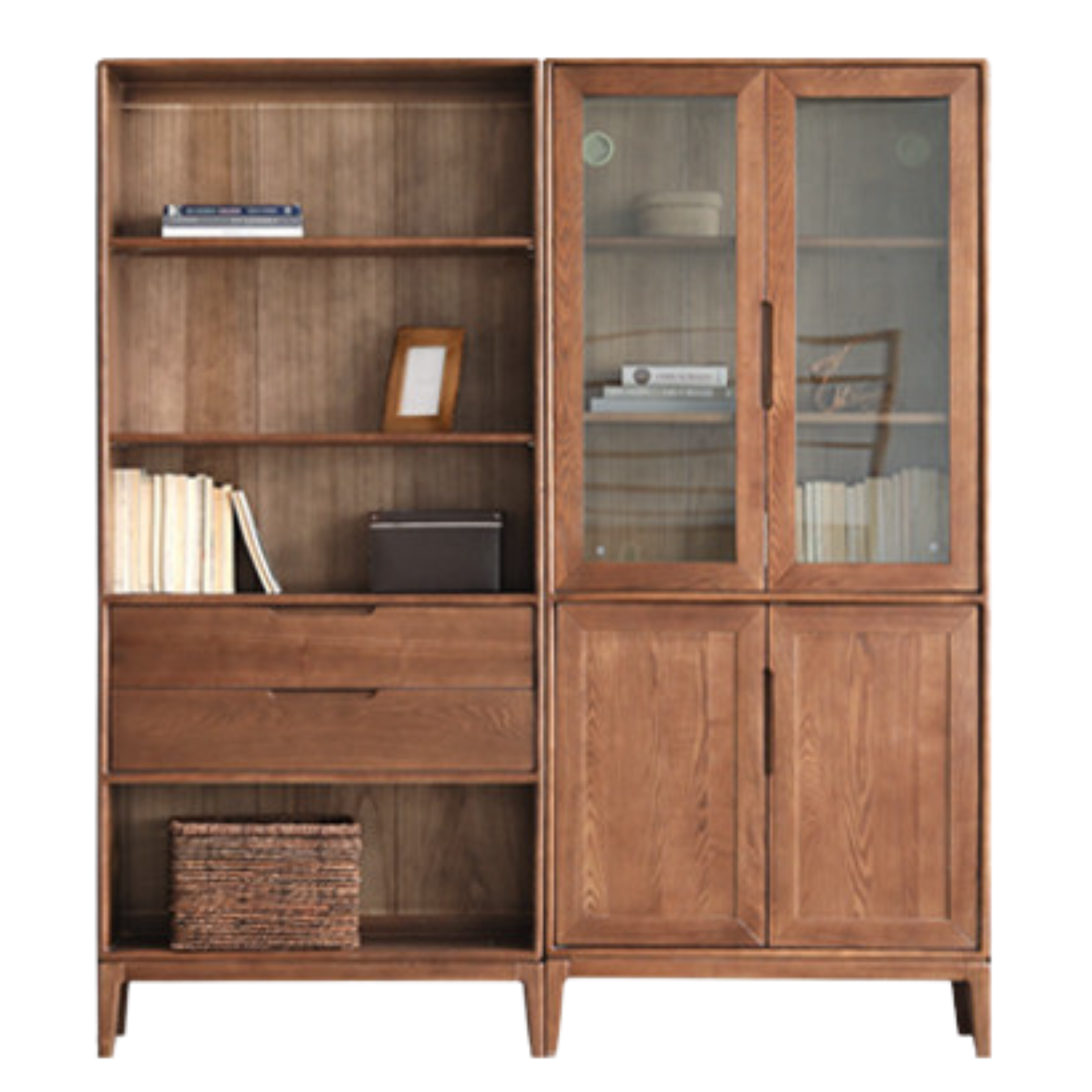 Black Walnut, Ash Solid Wood Combination Dust-Proof Glass Door Wall Floor-To-Ceiling Bookshelf<