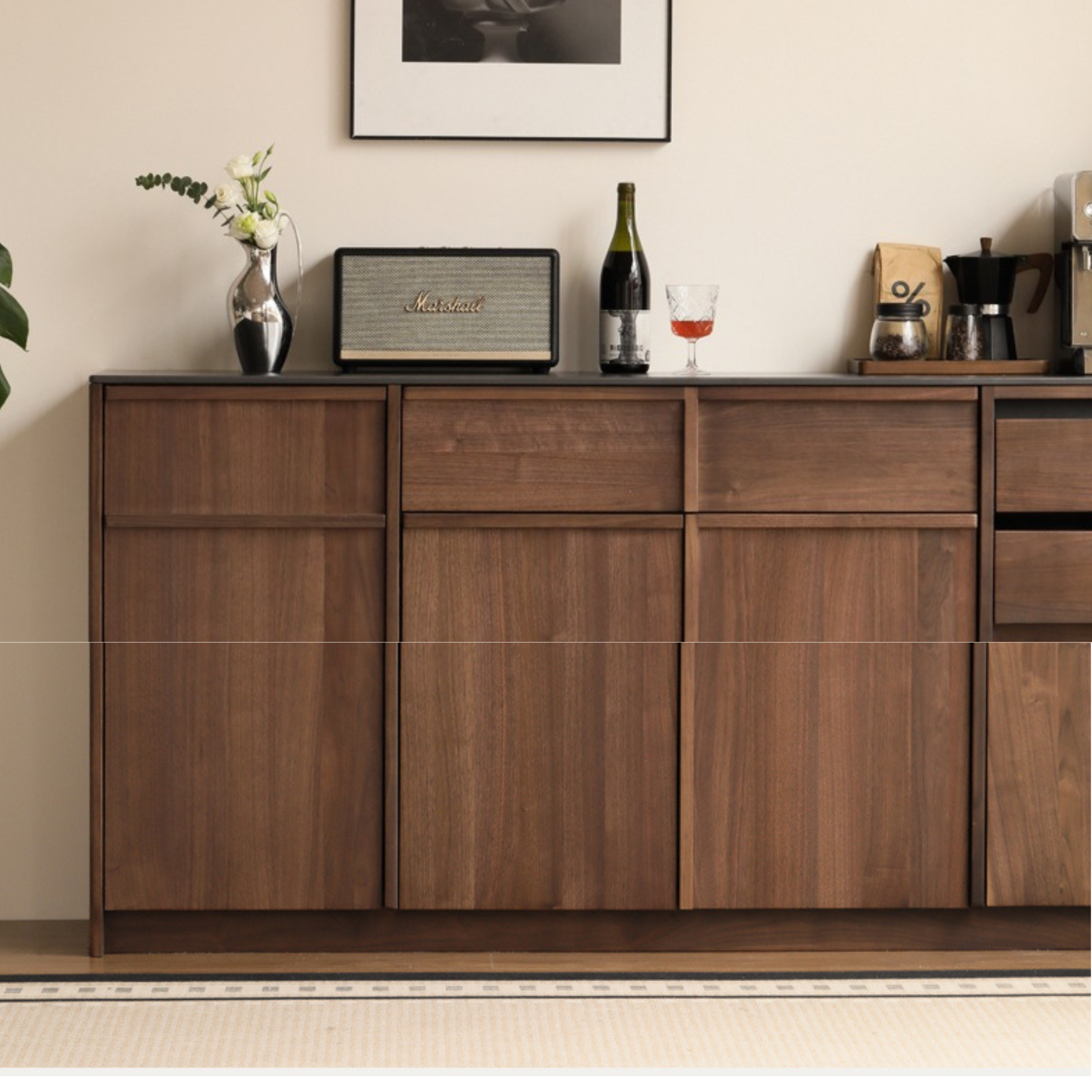 Black Walnut Solid Wood Dining Sideboard Rock Board Light Luxury
