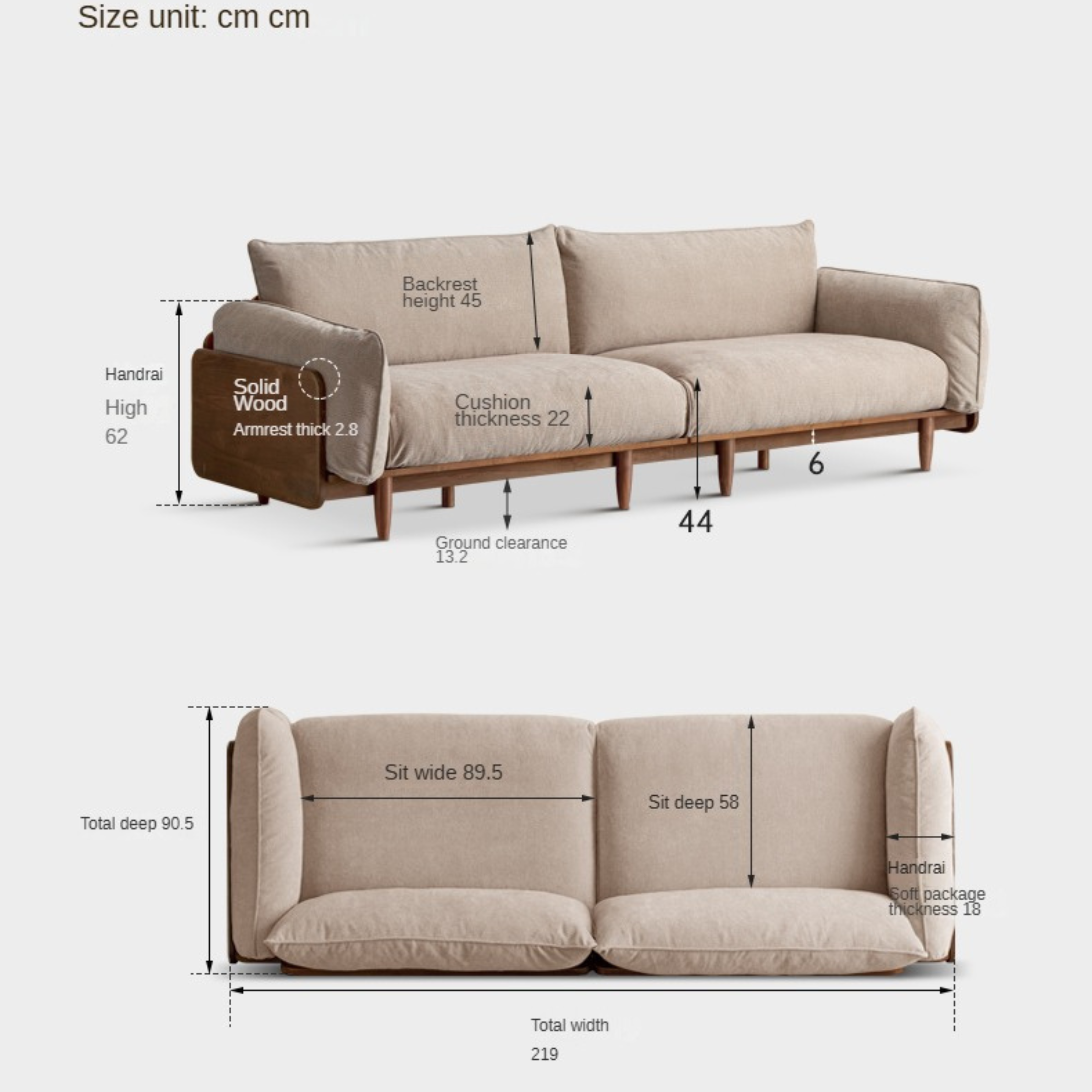 Black Walnut Solid Wood Fabric Straight Sofa