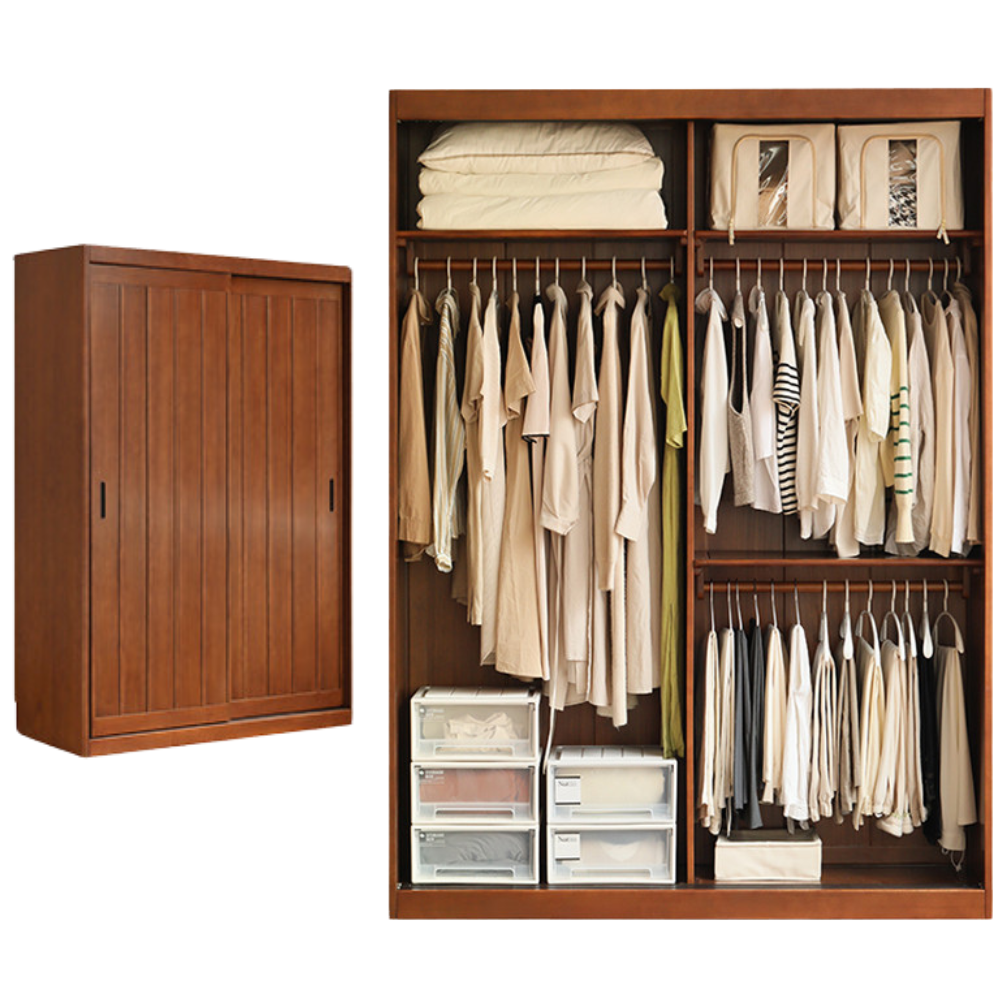 Poplar Solid Wood Wardrobe Retro Sliding Door Wardrobe