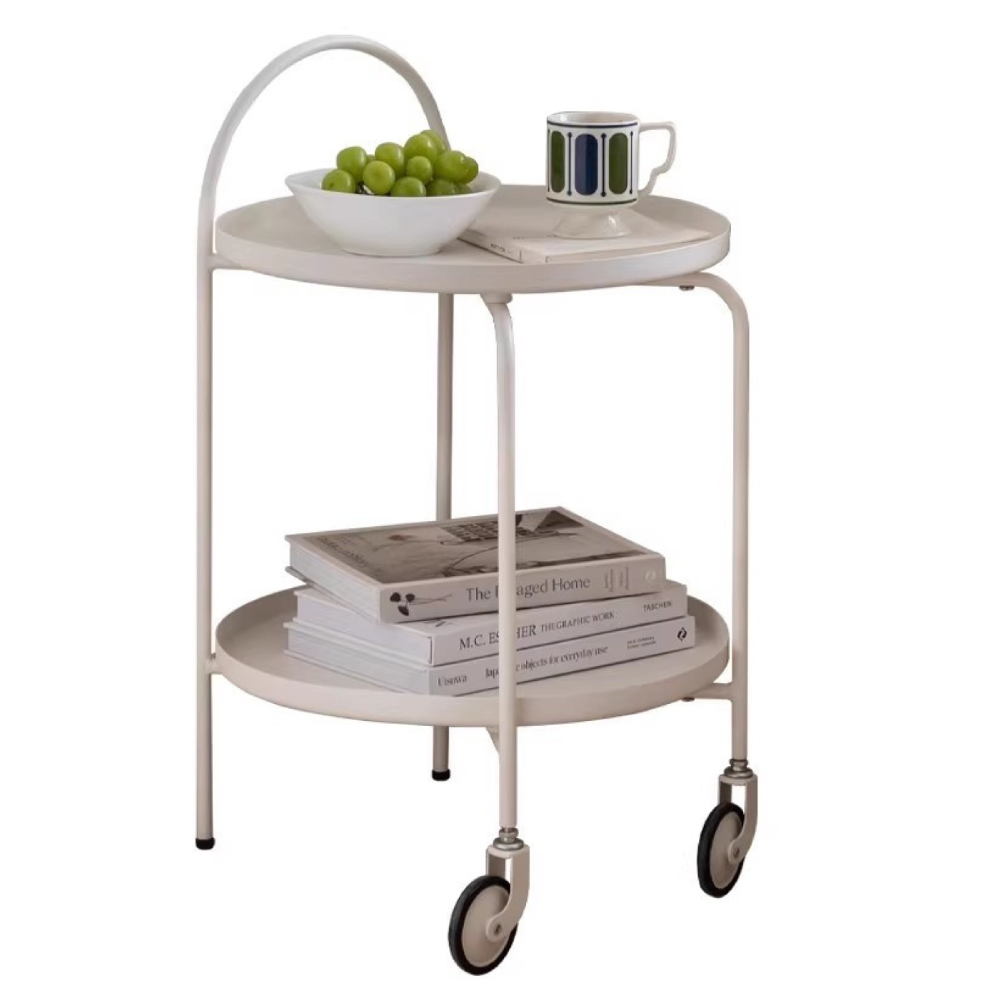 Double Layer Storage Mobile Side Table White Trolley