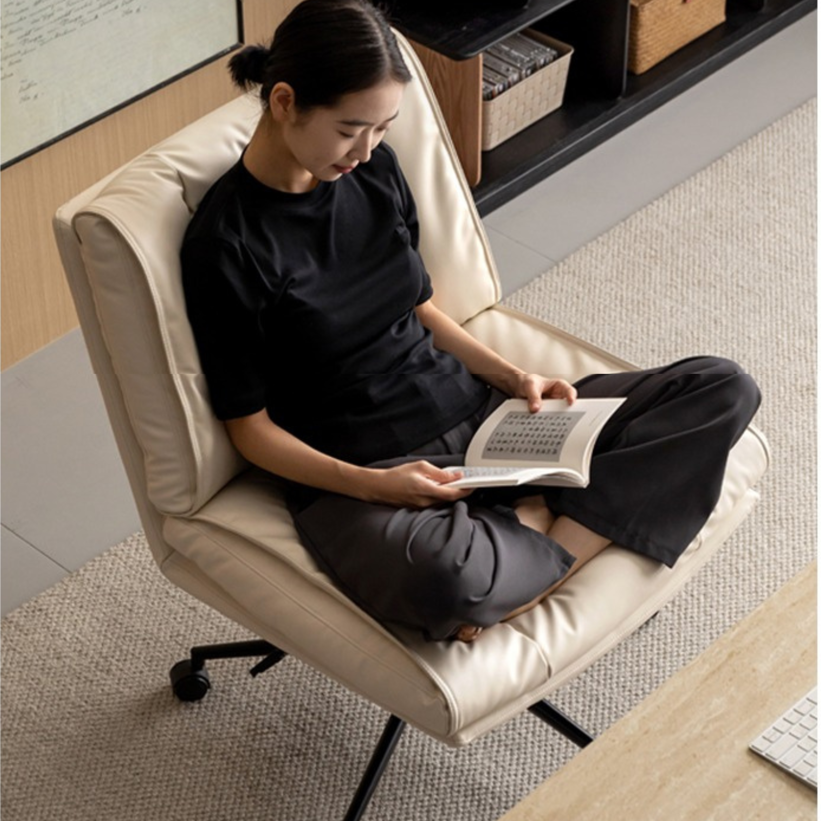 Organic Leather Soft Book Rotating Lift Chair Cream Style