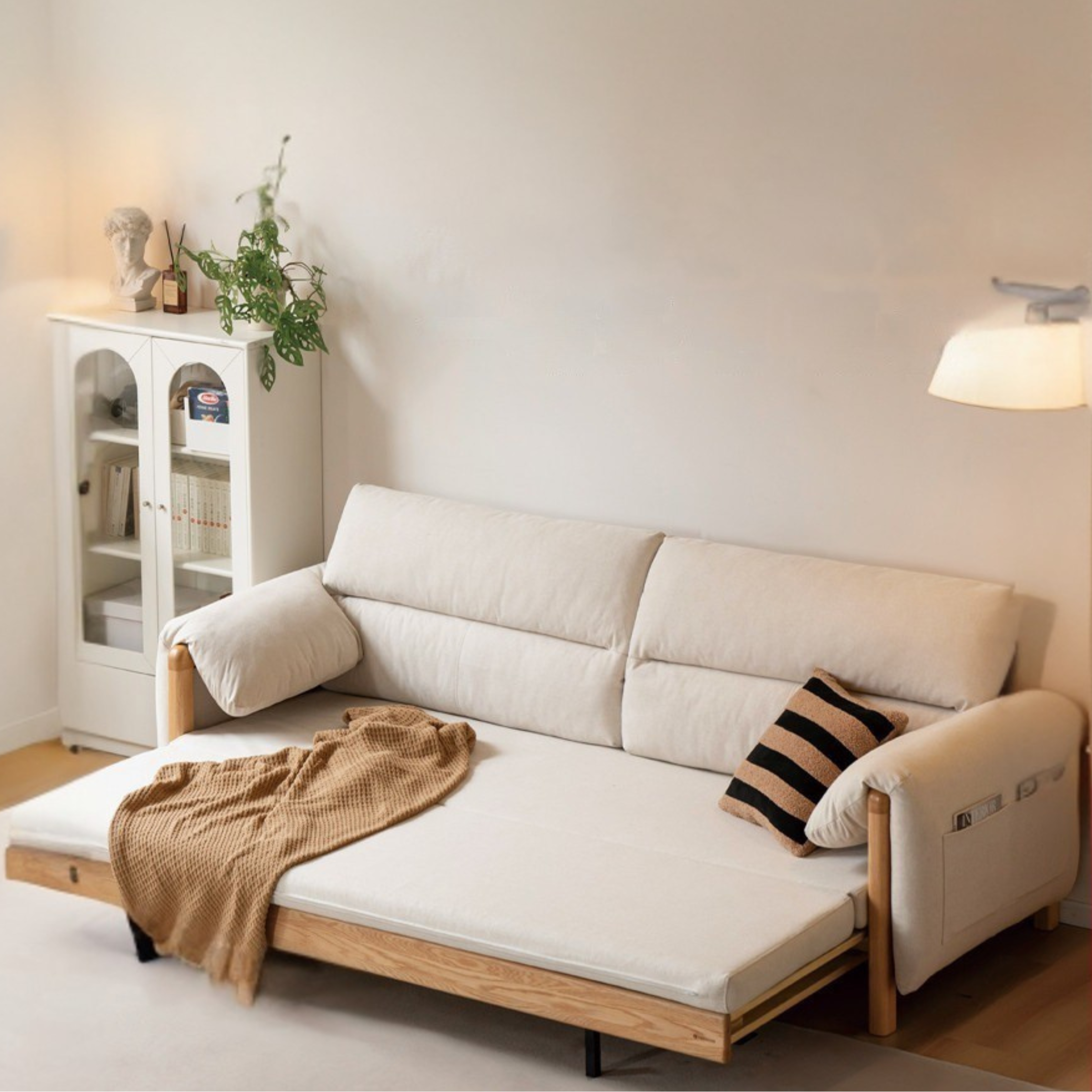Oak Solid Wood Sitting and Sleeping Retractable Sofa Bed.