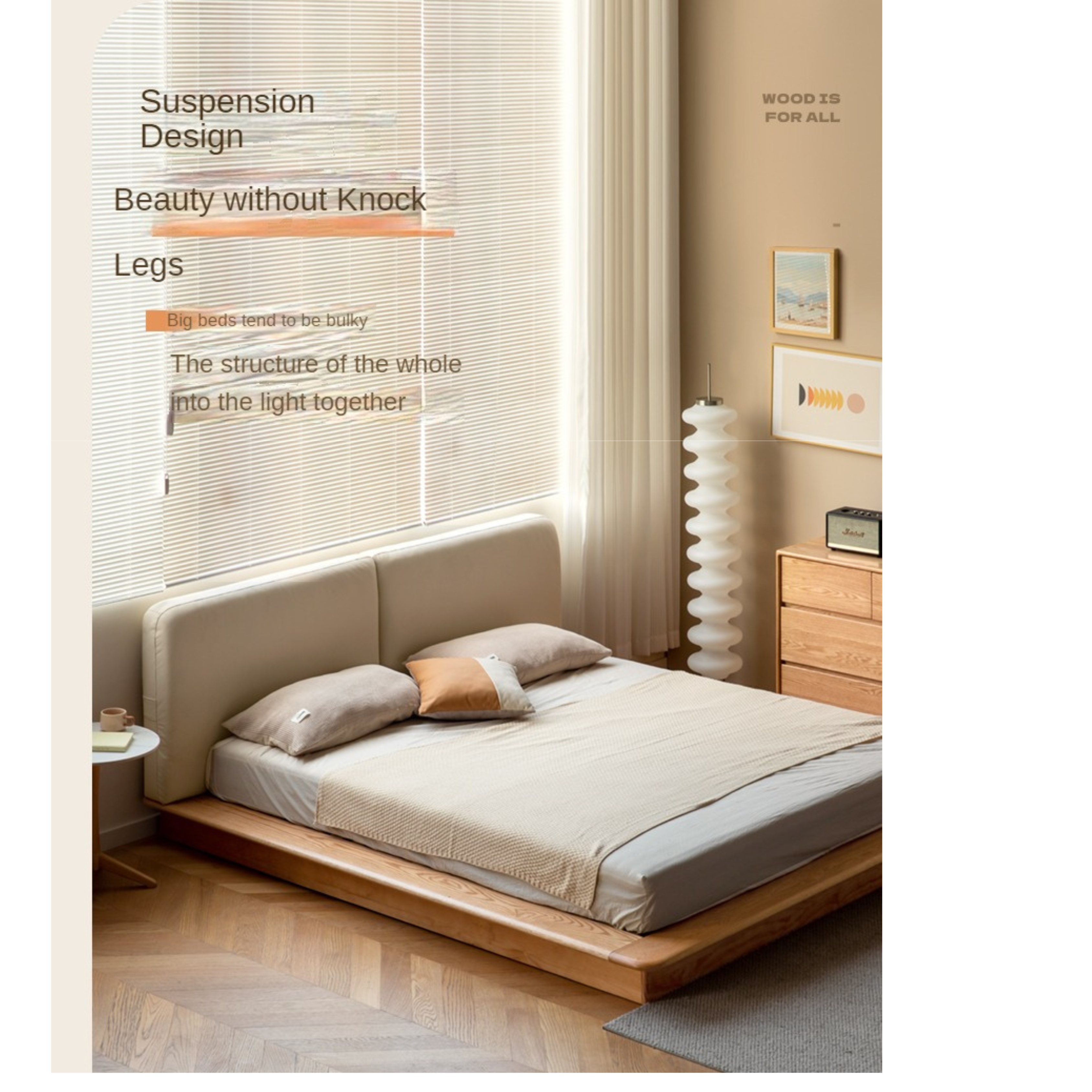 Oak solid wood Technology Fabric Soft Bed floating platform bed