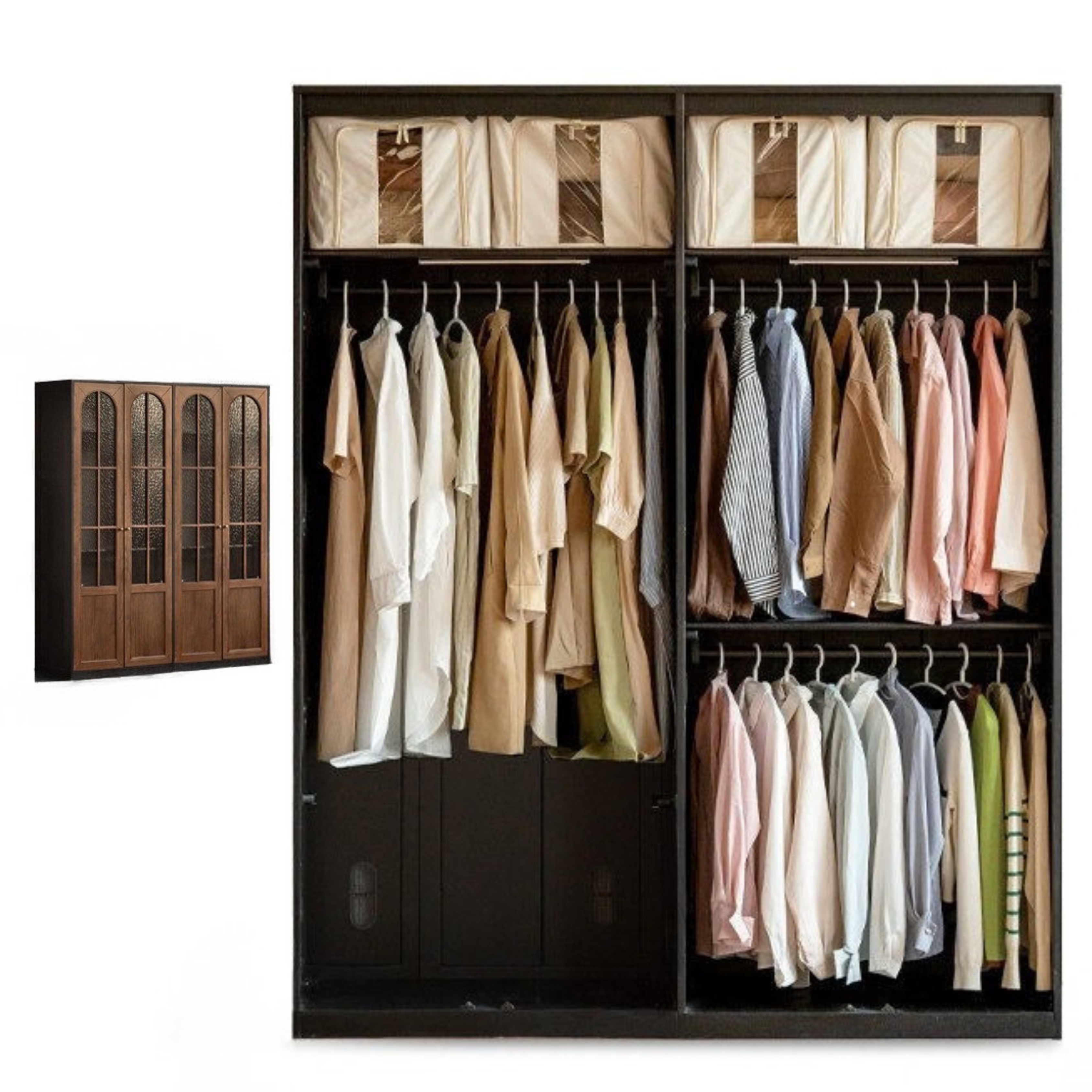 Black Walnut Solid Wood Wardrobe French Retro Style.