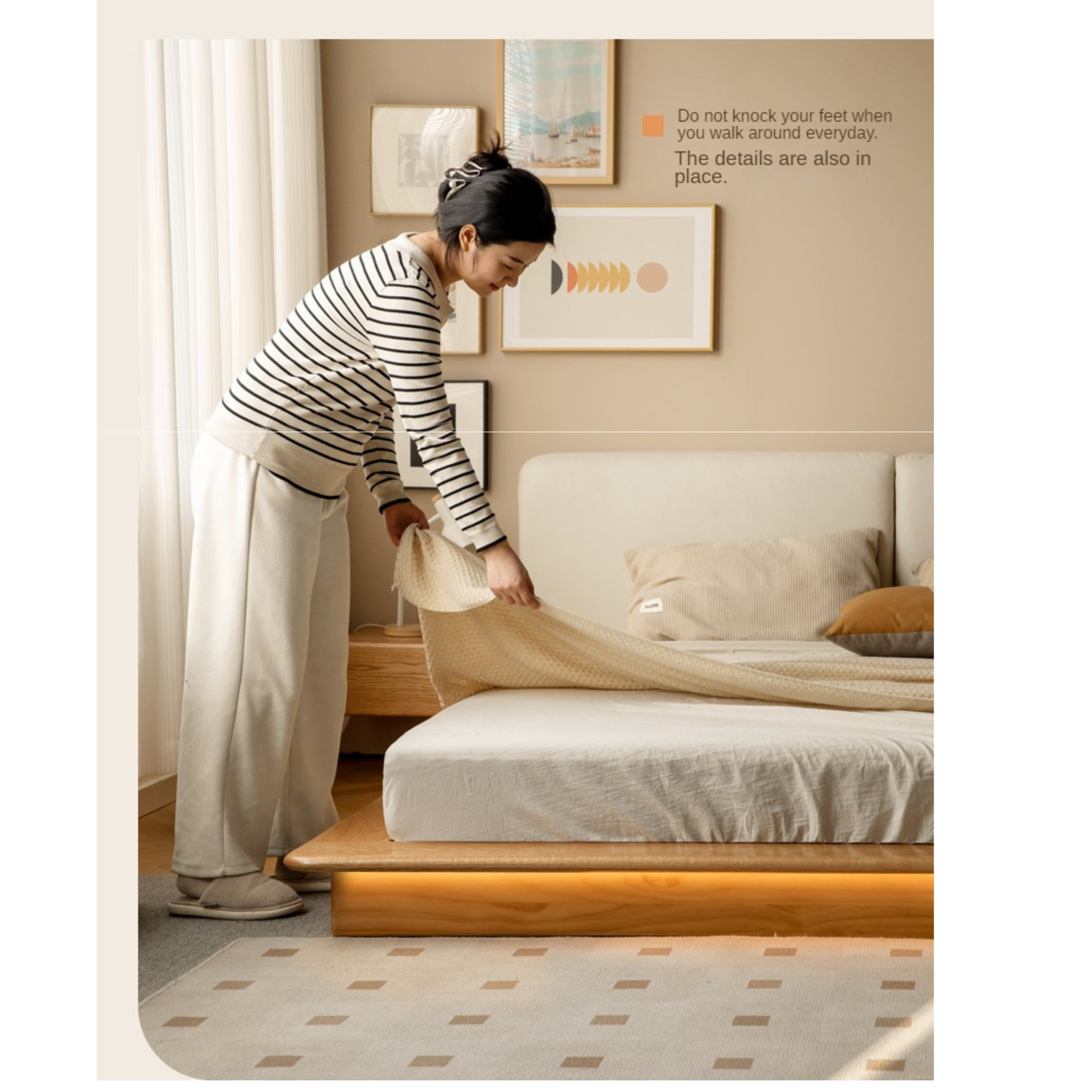 Oak solid wood Technology Fabric Soft Bed floating platform bed
