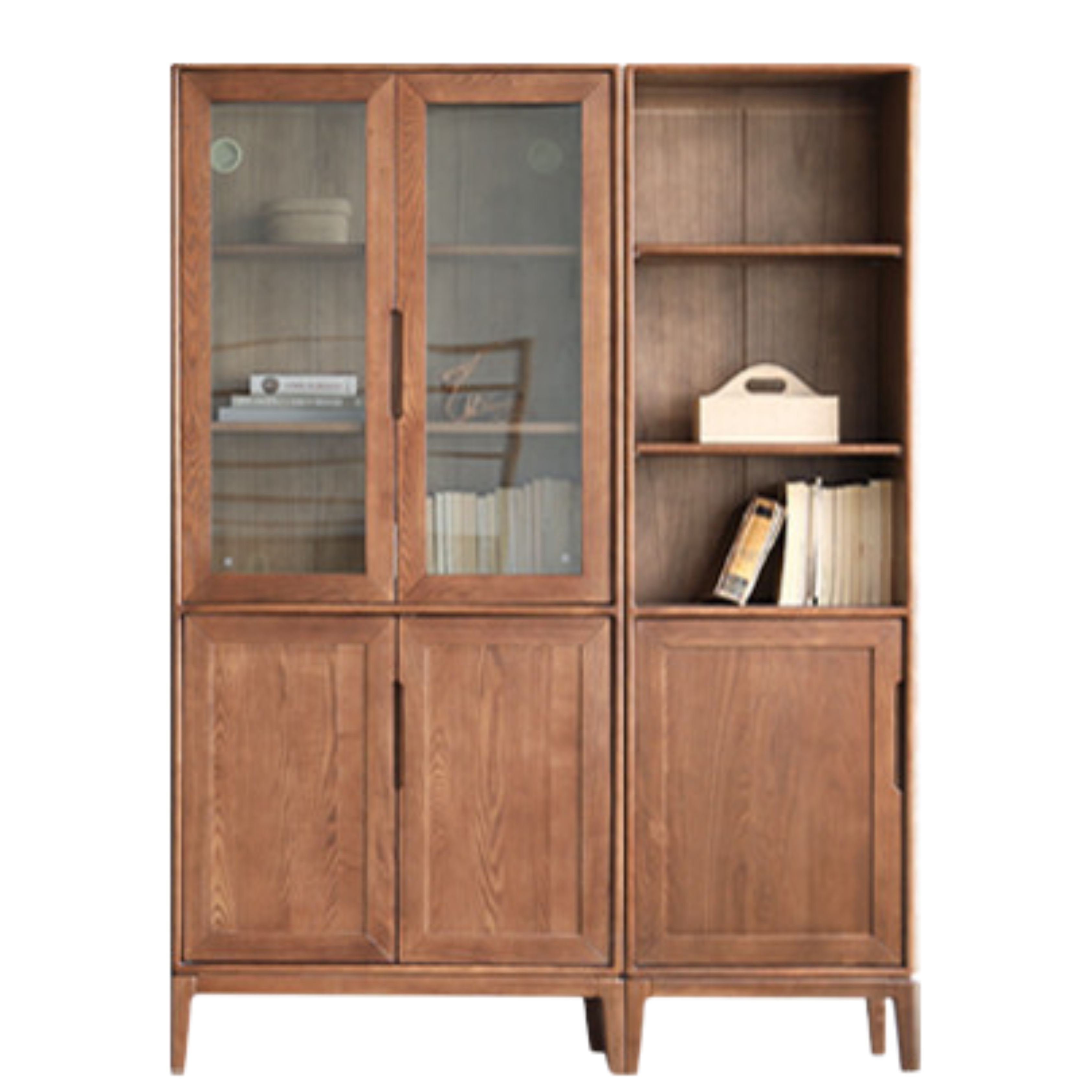 Black Walnut, Ash Solid Wood Combination Dust-Proof Glass Door Wall Floor-To-Ceiling Bookshelf<