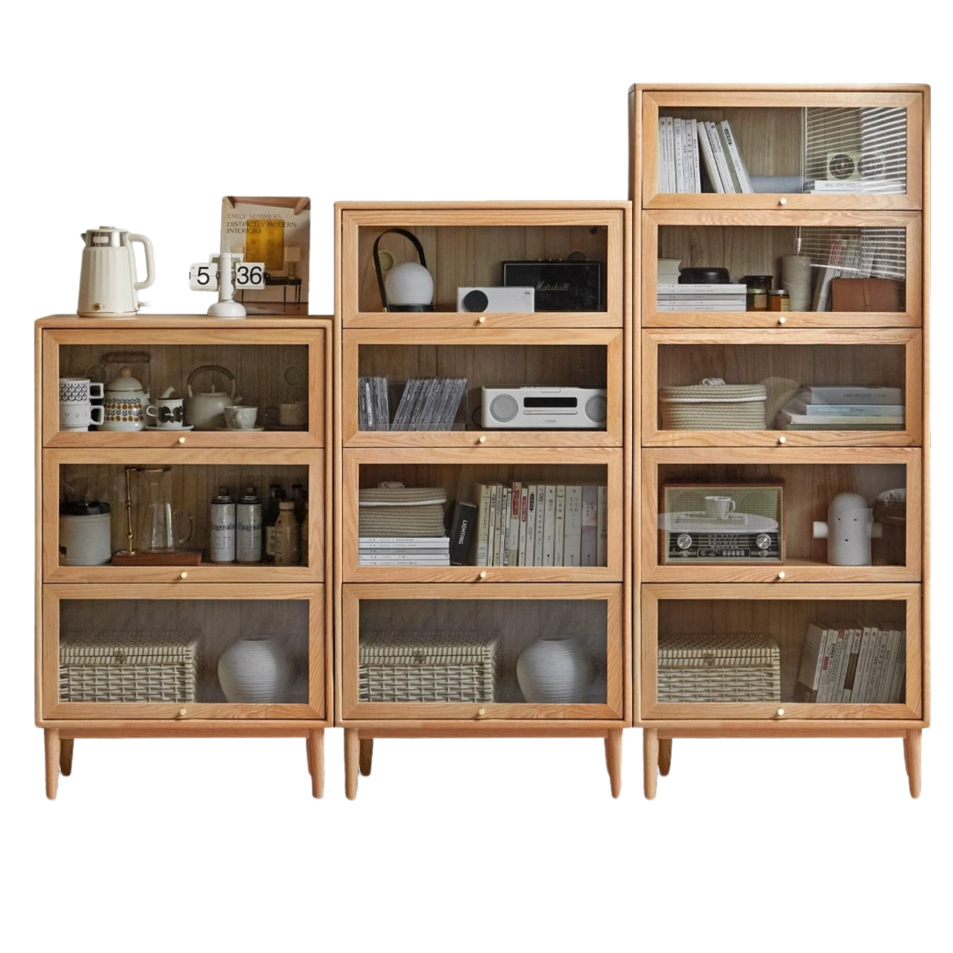 Oak solid wood Bookcase, flip door cabinet storage cabinet