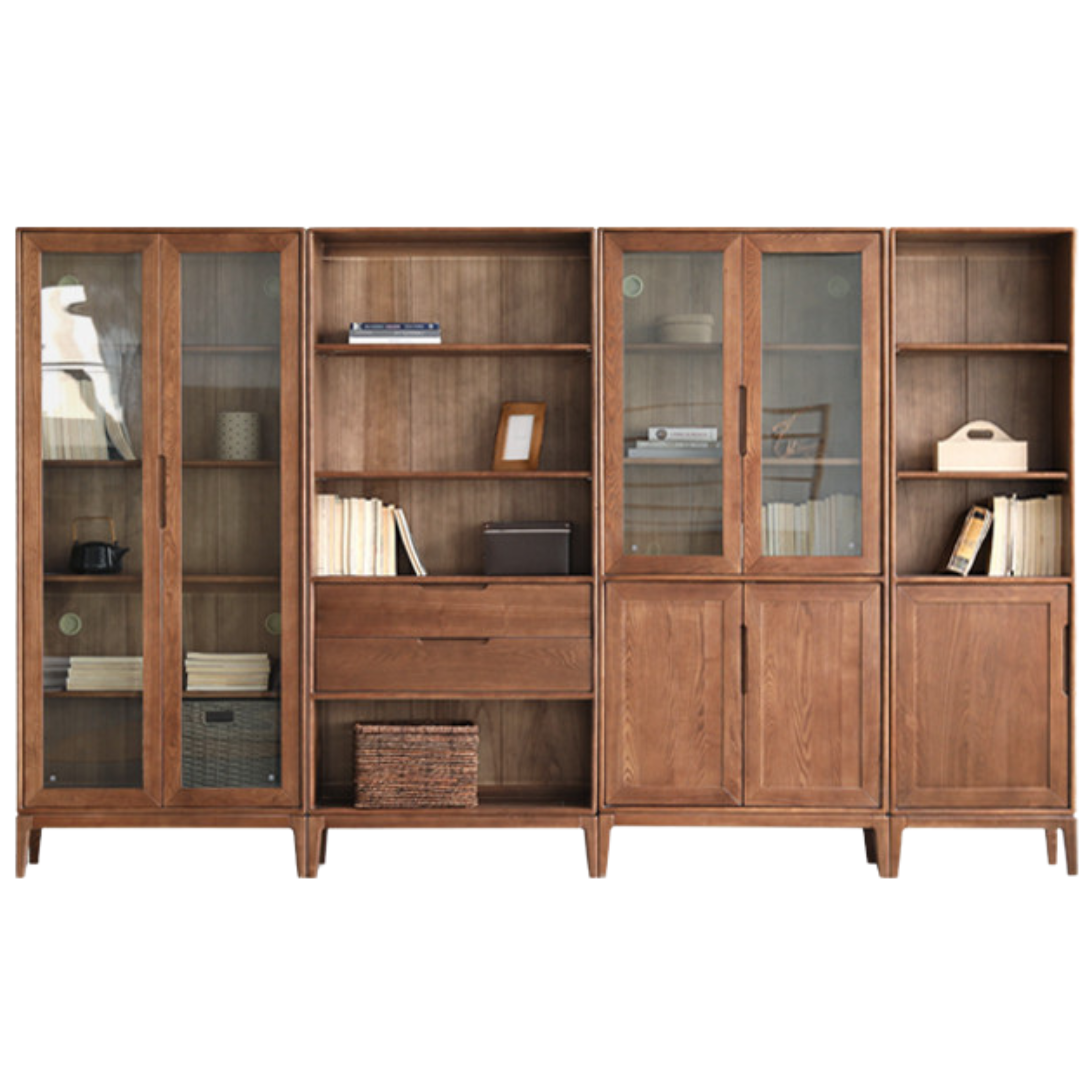 Black Walnut, Ash Solid Wood Combination Dust-Proof Glass Door Wall Floor-To-Ceiling Bookshelf<